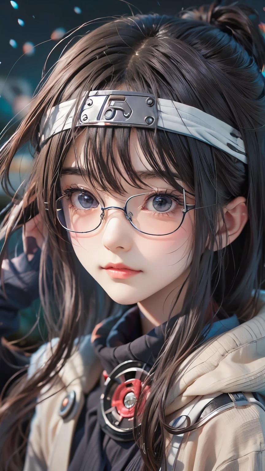 anime girl with glasses and long hair, anime visual of a cute girl, anime style. 8k, pin on anime, anime vibes, anime style 4 k, anime moe artstyle, anime aesthetic, anime girl desktop background, anime visuals, anime girl with real hair, ethereal anime, anime girl with long hair, beautiful anime portrait , anime , Naruto, Naruto anime, Sharingan background, at night, dark , Sharingan , wearing Naruto headband  