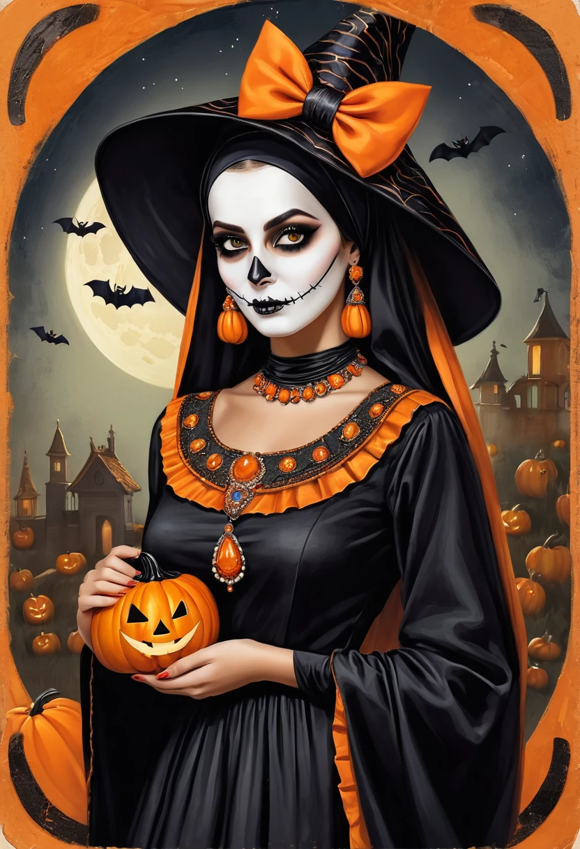 Una pintura colorida (Woman dressed as Halloween mom:1.3), Primer plano , pechos colosales, Halloween-themed aesthetics, antiseptic clothing, hiyab cachonda, Broche de escarabajo egipcio, antiguo Egipto, In the style of Nicolás Samori