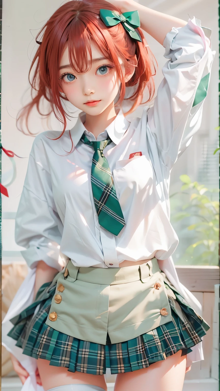 masterpiece, White shirt, Green Skirt ,Red tie, Red hair ribbon, White Stockings, 8k, Rin, Green Hair