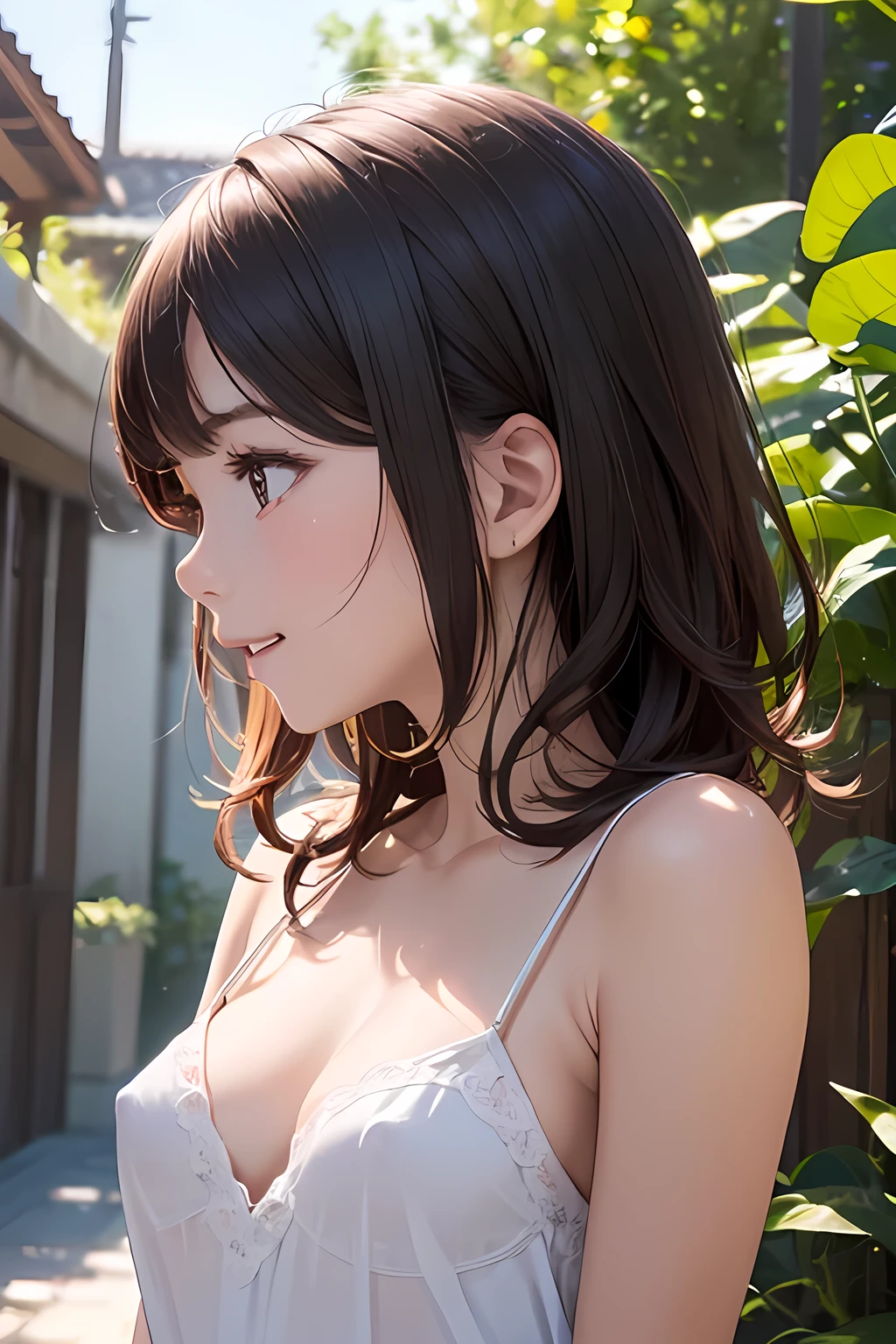(masterpiece, face focus, profile: 1.3), (8K, Raw Photography, Top Image Quality: 1.4), gravure, splendid and colorful, kawaii petit little 1loli:1.3, (small cleavage:1.2), Super Detail cute Face, perfect pupil of the Eyes of Detail, anime style big eyes with eyelashes, Double Eyelid, Sharp Focus:1.2, Pretty infant:1.4, Top-Quality, Super A High Resolution, (Photorealistic: 1.4), Highly Detailed and professional lighting full smile, break, loose and light white camisole, shoulder out, nipples slip, natural facial expression, medium hair, fatal position, gorgeous background