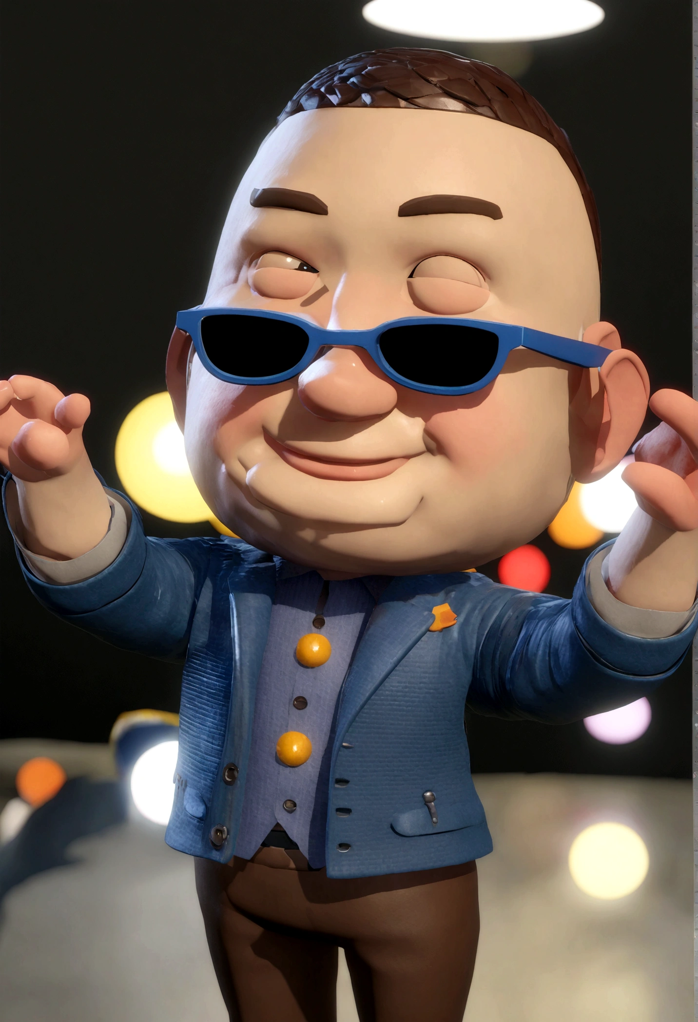A young man in a blue jacket, wearing sunglasses, smiling, high-quality image, Disney-Pixar style. , um personagem animado, Caractere estilizado, animation style rendering, 3D estilizado, Arnold Maya rendering, Stylized 3D rendering, toon render screenshot, Personagem 3D, Personagem 3D, Stylized 3D rendering, 3D character rendering, personagem de desenho animado, Personagem de close up, Pose de personagem, (Estilo Pixar) (parte mestre:1.2) (Bokeh) (melhor qualidade) (pele detalhada) (textura detalhada) (8K) (argila) (cinematic lighting) (sharp focus,Senta e vaza a parte superior do corpo