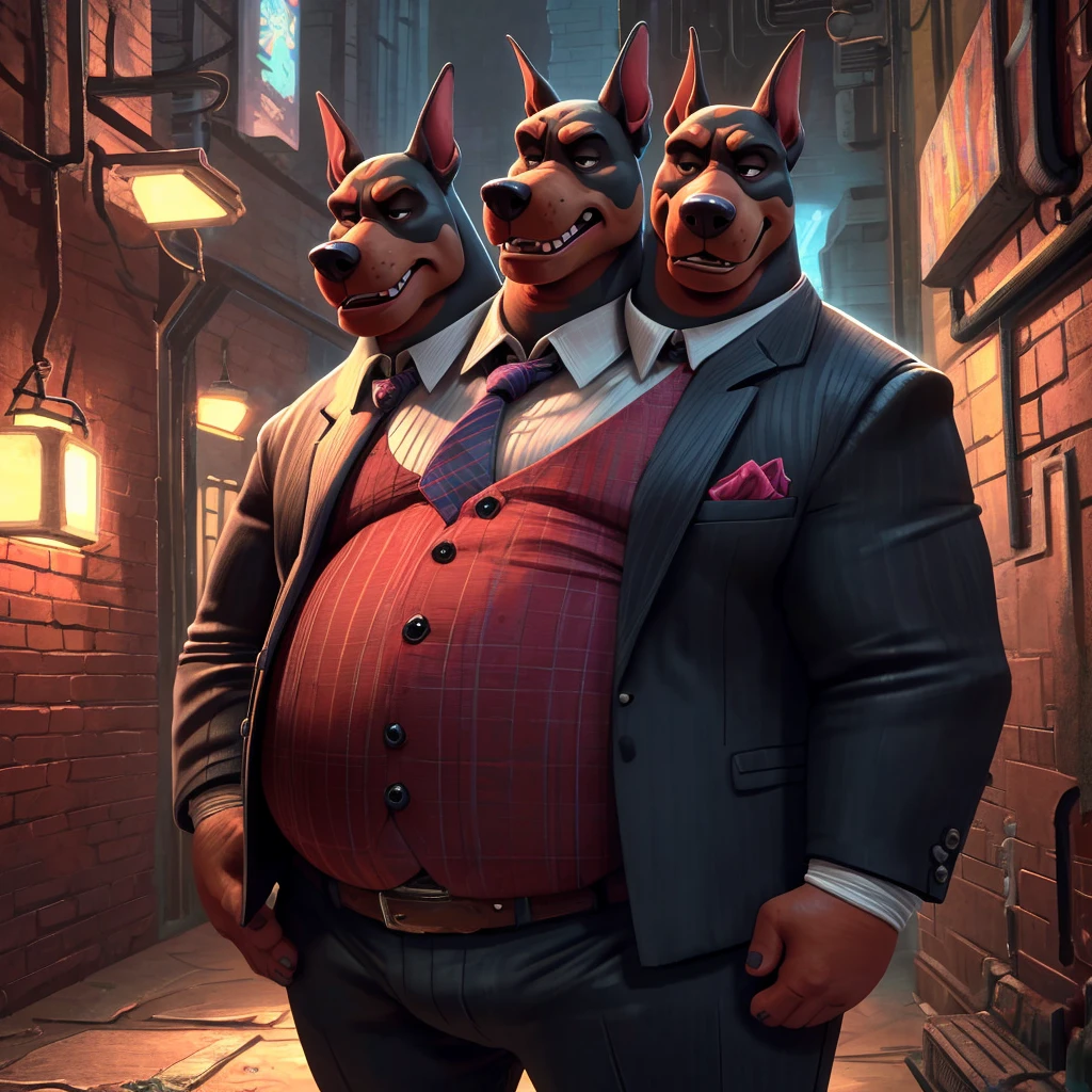 solo, doberman pinscher, three identical heads on one body, black and brown fur, bald, doberman pinscher ears, masculine, necks, (eyes), adult, male, 50 years old, (stylized 3d, by disney, by rembrandt), by pixar:1.1, by dramamine, ugly, (obese), dark alley background, (fully clothed, suit, ties, pants, belt), correct hands, correct anatomy, (ultradetailed, best quality, detailed masterpiece, highly detailed masterpiece, 4k, professional cartoon:1.7), (natural pose), (detailed expressions, intimidating, annoyed, clenching teeth)