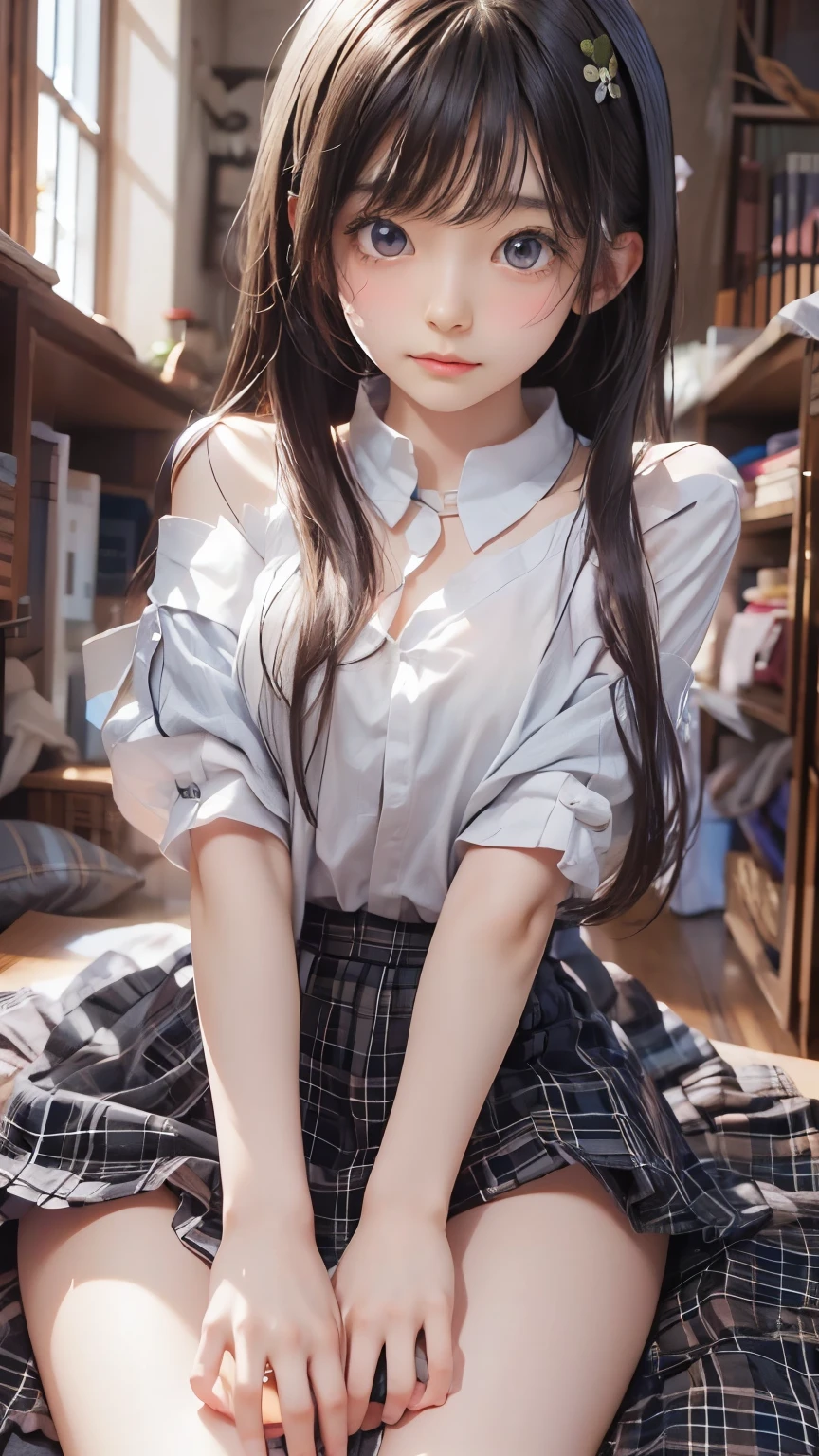 anime girl, Realistic Shadows, Detailed skin, Very small breasts, Black Hair, Very detailed, 8kのVery detailedな顔, perfect face shape, Perfect Lips, Perfect Nose, Correcting Beautiful Eyes, watching viewer, White shirt, Hair Flower, masterpiece, highest quality, Single woman, No bra, No panties, alone