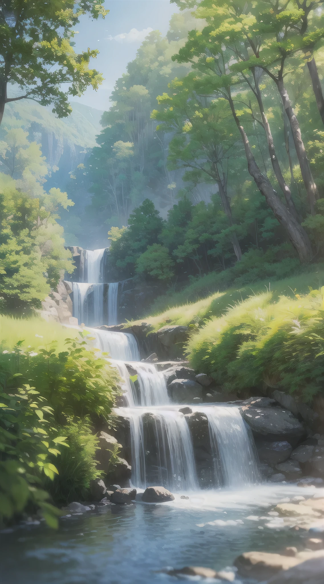 landscape, summer, clear stream, forest, uninhabited, river, blue sky, nobody, mountains in the distance, HD detail, ultra detail, film, hyperrealism, soft light, deep focus bokeh, ray tracing, hyper realism. , Art Station pixiv Gwise, Makoto Shinkai, Art Germ