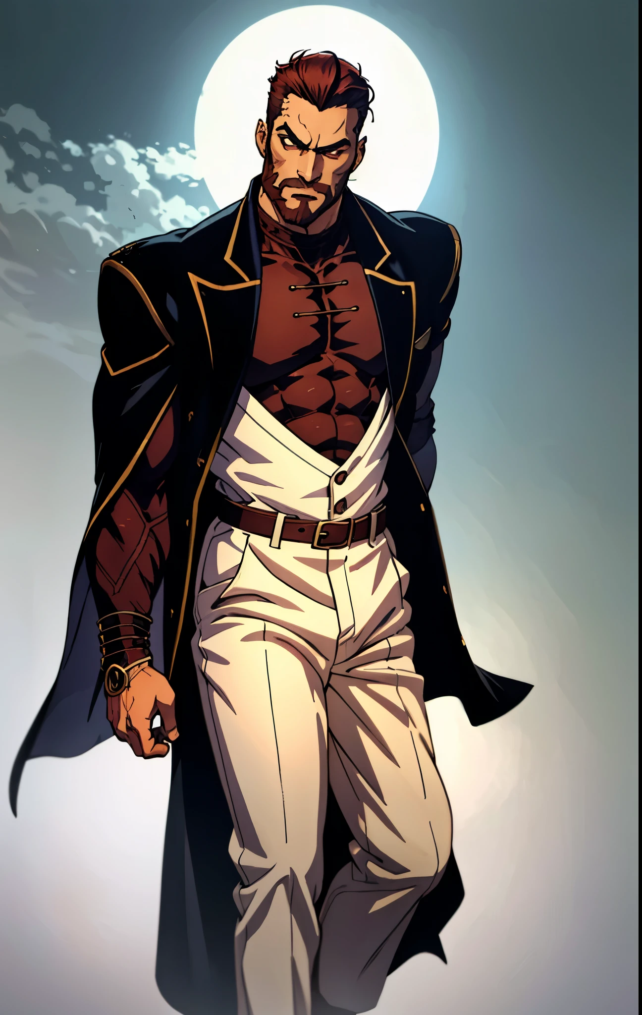 A 50-year-old man with slicked-back reddish-brown short hair, a large beard covering the lower half of his face, piercing eyes, handsome features, an open dark red fantasy martial arts-style robe coat, flowing short sleeves, a black and white undershirt, matching cloth trousers, a metal belt buckle, he exudes a dark red aura of death, strides down a desolate and silent moonlit street, this character embodies a finely crafted fantasy martial arts-style overlord in anime style, exquisite and mature manga art style, dramatic, high definition, best quality, highres, ultra-detailed, ultra-fine painting, extremely delicate, professional, perfect body proportions, golden ratio, anatomically correct, symmetrical face, extremely detailed eyes and face, high quality eyes, creativity, RAW photo, UHD, 32k, Natural light, cinematic lighting, masterpiece-anatomy-perfect, masterpiece:1.5