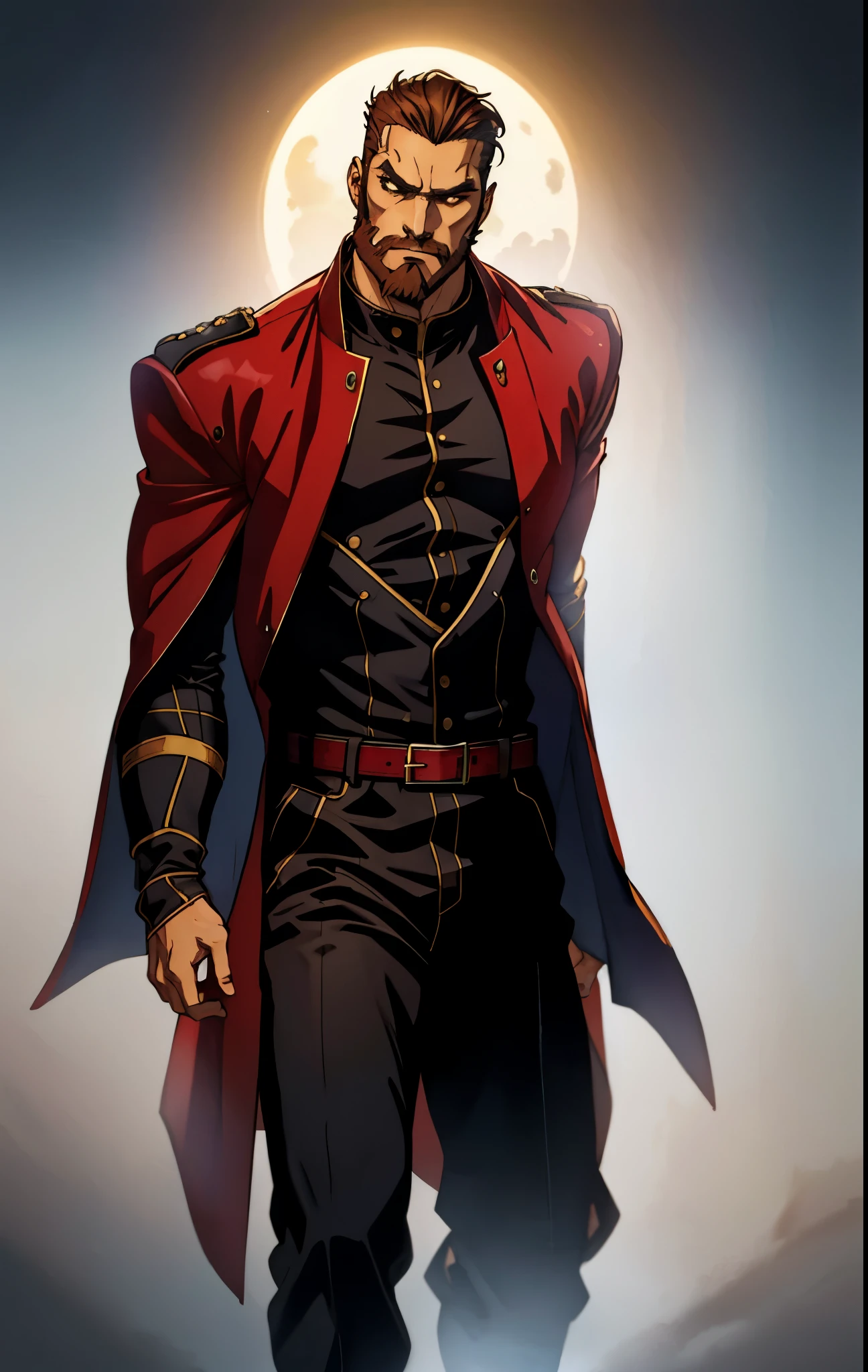 A 50-year-old man with slicked-back reddish-brown short hair, a large beard covering the lower half of his face, piercing eyes, handsome features, an open dark red fantasy martial arts-style robe coat, flowing short sleeves, a black and white undershirt, matching cloth trousers, a metal belt buckle, he exudes a dark red aura of death, strides down a desolate and silent moonlit street, this character embodies a finely crafted fantasy martial arts-style overlord in anime style, exquisite and mature manga art style, dramatic, high definition, best quality, highres, ultra-detailed, ultra-fine painting, extremely delicate, professional, perfect body proportions, golden ratio, anatomically correct, symmetrical face, extremely detailed eyes and face, high quality eyes, creativity, RAW photo, UHD, 32k, Natural light, cinematic lighting, masterpiece-anatomy-perfect, masterpiece:1.5