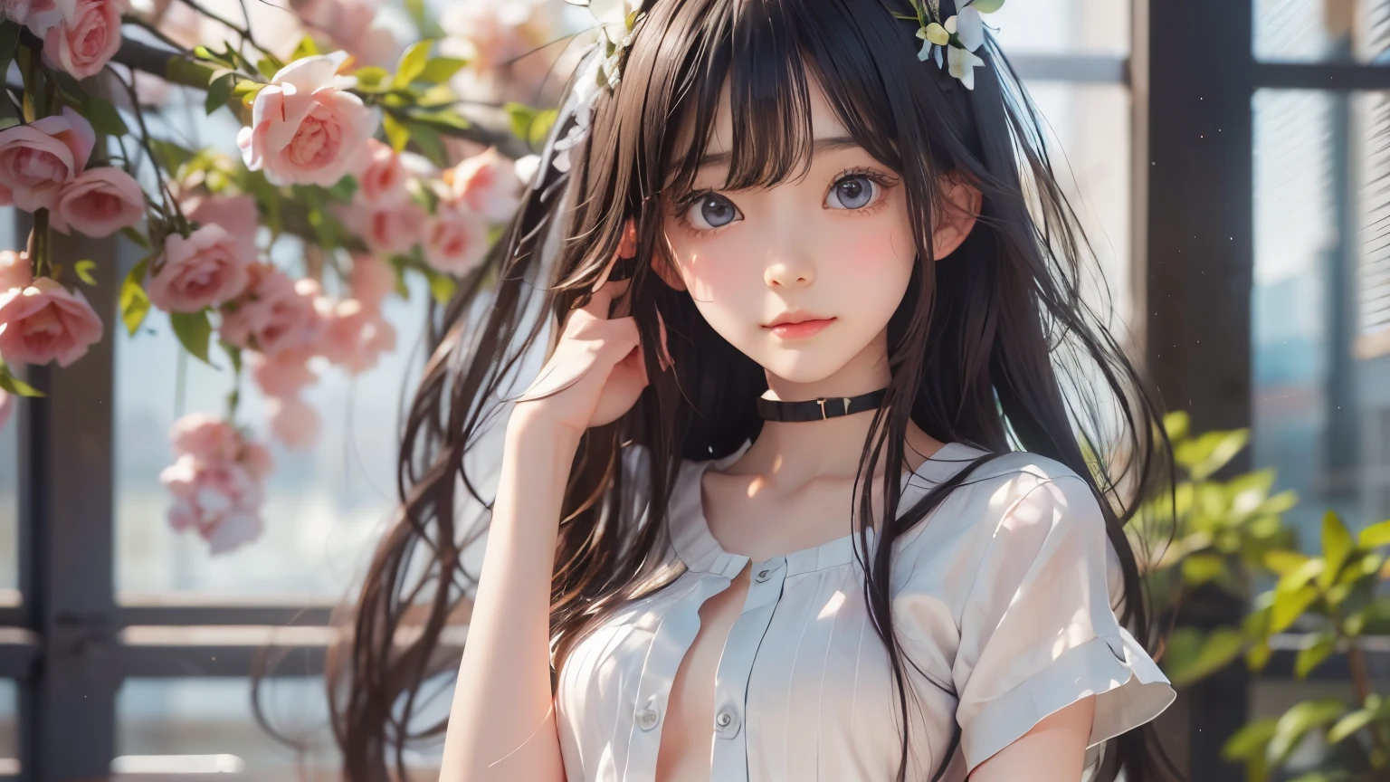  anime girl, Realistic Shadows, Detailed skin, Very small breasts, Black Hair, Very detailed, 8kのVery detailedな顔, perfect face shape, Perfect Lips, Perfect Nose, Correcting Beautiful Eyes, watching viewer, White shirt, Hair Flower, masterpiece, highest quality, Single woman, No bra, No panties, alone