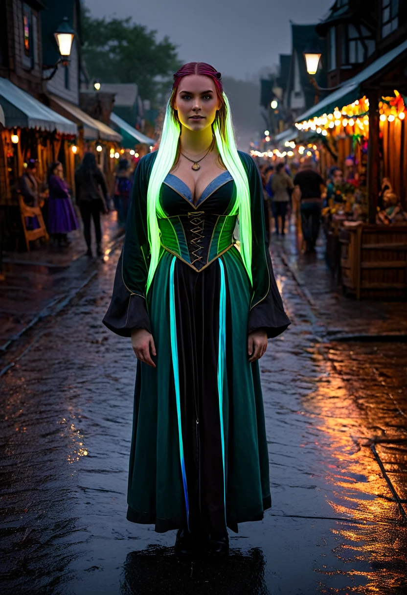 beautiful curvy irish female, soft features, 160lbs, renaissance faire style cleric, dark rainy city street at night, spellcasting pose, casting a spell, (glowing_hair:2.0), rainbow bright hrglw, (full body shot 1.0), cinematic photo, realistic, (real lighting:1.2), (realistic lighting:1.5), (real ilumination:1.2), (realistic ilumination:1.5), (shadows:1.2),(real shadows), 35mm photograph, film, bokeh, 4k, highly detailed
