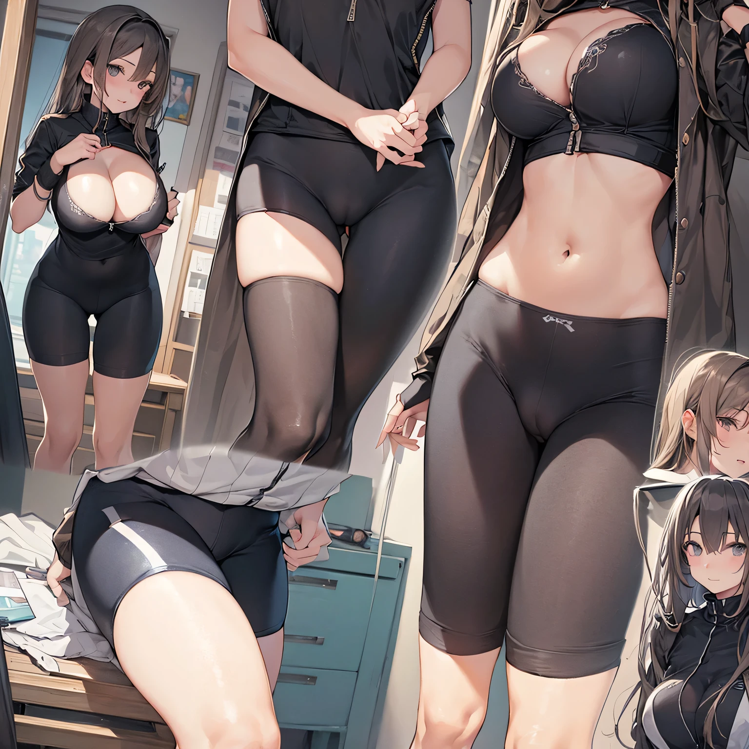 highest quality、超High resolution、High resolution、Highly detailed CG、8k unit wallpaper、(((Perfect photo))), One Girl, alone, , Azusa Nakano, , Jacket, View your audience, smile, (((Huge breasts))), SFW with hidden breasts, Big ample breasts!, SFW Big, Beautiful and seductive anime woman, huge bountiful breasts!!, Bust ratio adopted, highest quality, Official Art, Best Anatomy, (Ultra-thin bike shorts,:1.5)、Cowboy Shot, High skin exposure、Exhibitionism、gravure、Emphasize cleavage、Saggy breasts、Emphasize the chest、(Sit on the ground with your butt back)、(((Character design sheet、From directly below、Emphasize the chestする、Make your butt stand out、Super close up of pussy))),