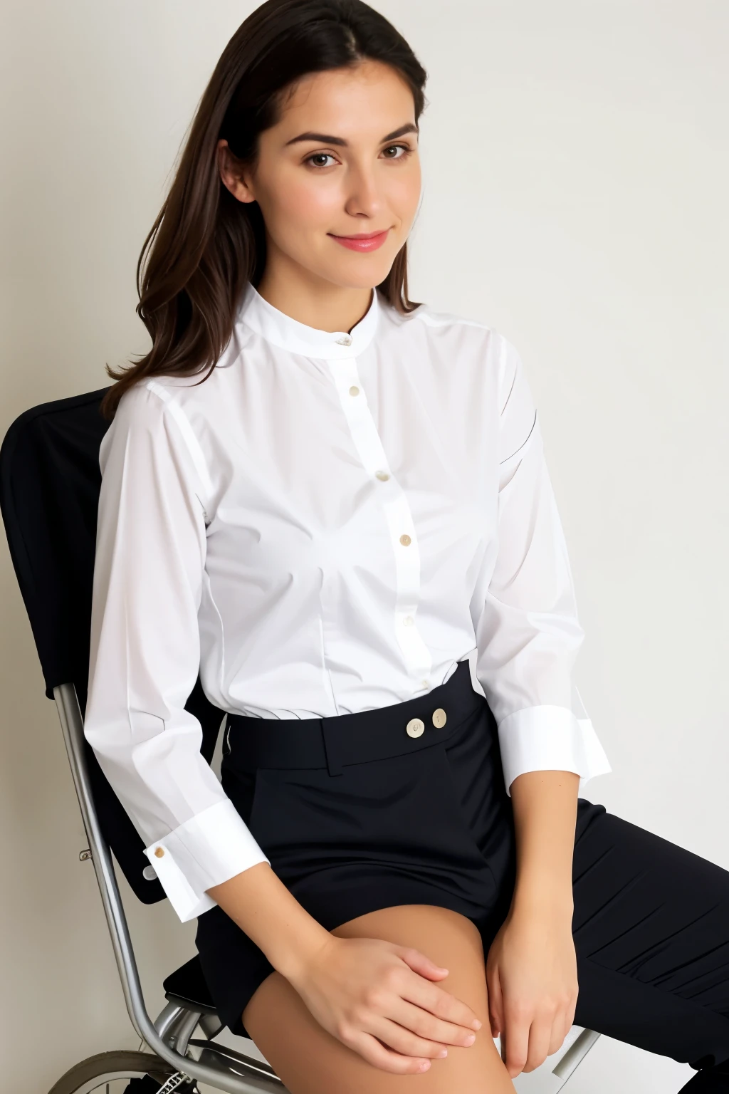 Anime female character light brown skinned woman with short hair and bangs closed eyes and blushing white short shirt with black belt tie with white tips, bolsito de peluche negro trasero.