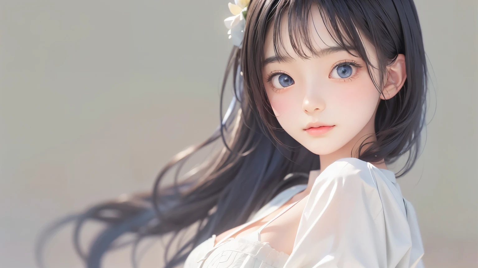 Loli anime girl, Realistic Shadows, Detailed skin, Very small breasts, Black Hair, Very detailed, 8kのVery detailedな顔, perfect face shape, Perfect Lips, Perfect Nose, Correcting Beautiful Eyes, watching viewer, White shirt, Hair Flower, masterpiece, highest quality, Single woman, No bra, No panties, alone