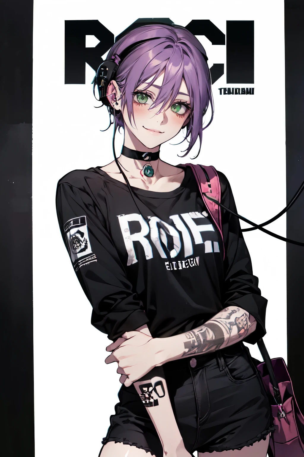 cowboy shot, ((white shirt)), 1girl,  , green eyes , shy smile , blush ,  black choker , hair between eyes , purple hair, r , short hair , magazine cover , earphone , headset  , cable , casual outfit , goth girl , black shirt , tatoo , red arm sleeves , punk girl , techwear , leg stripe ,   arm tatoo 