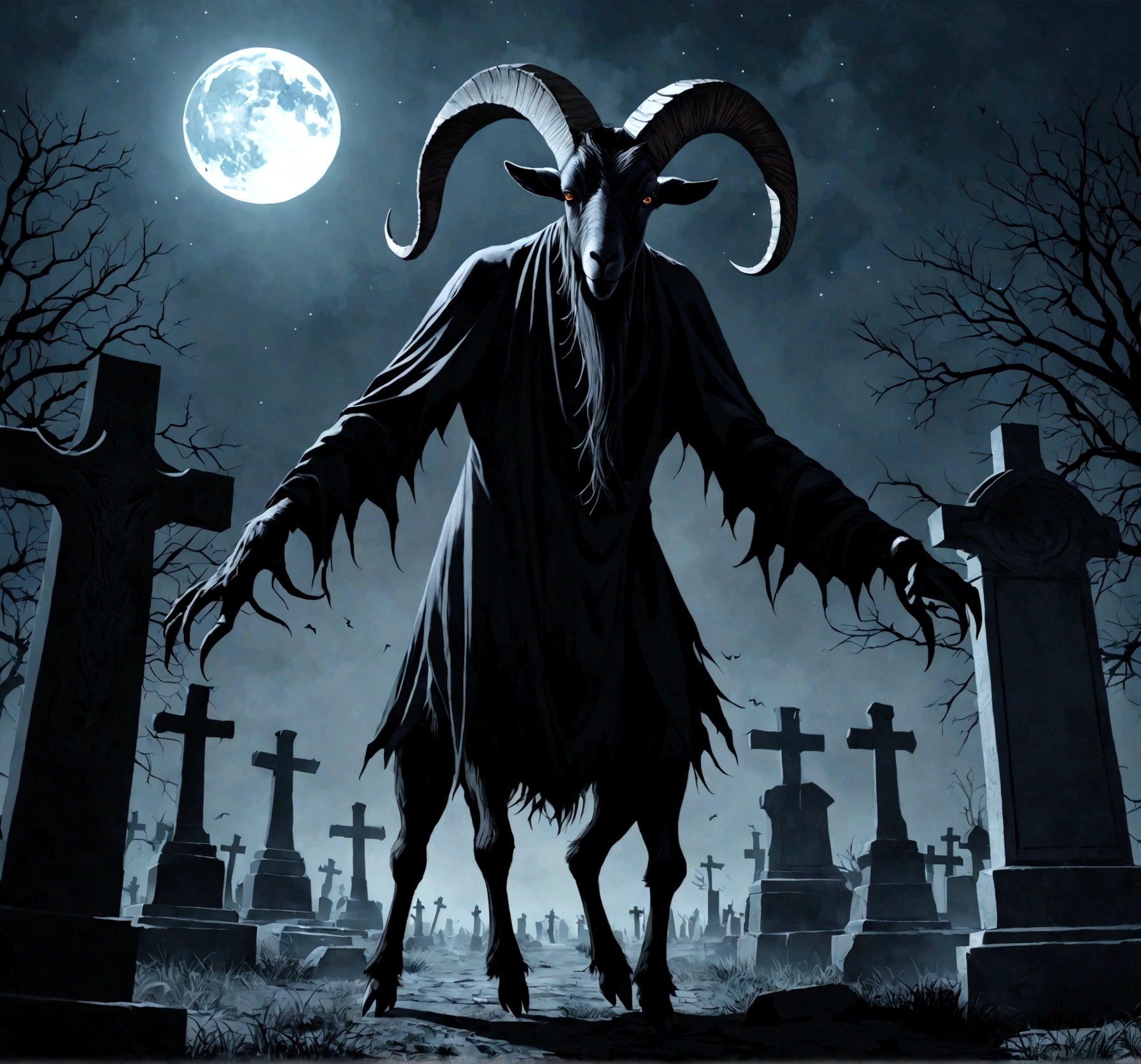 A photorealistic image of a sinister and demonic black goat waling like a human on its hind legs in a moonlit graveyard at night.