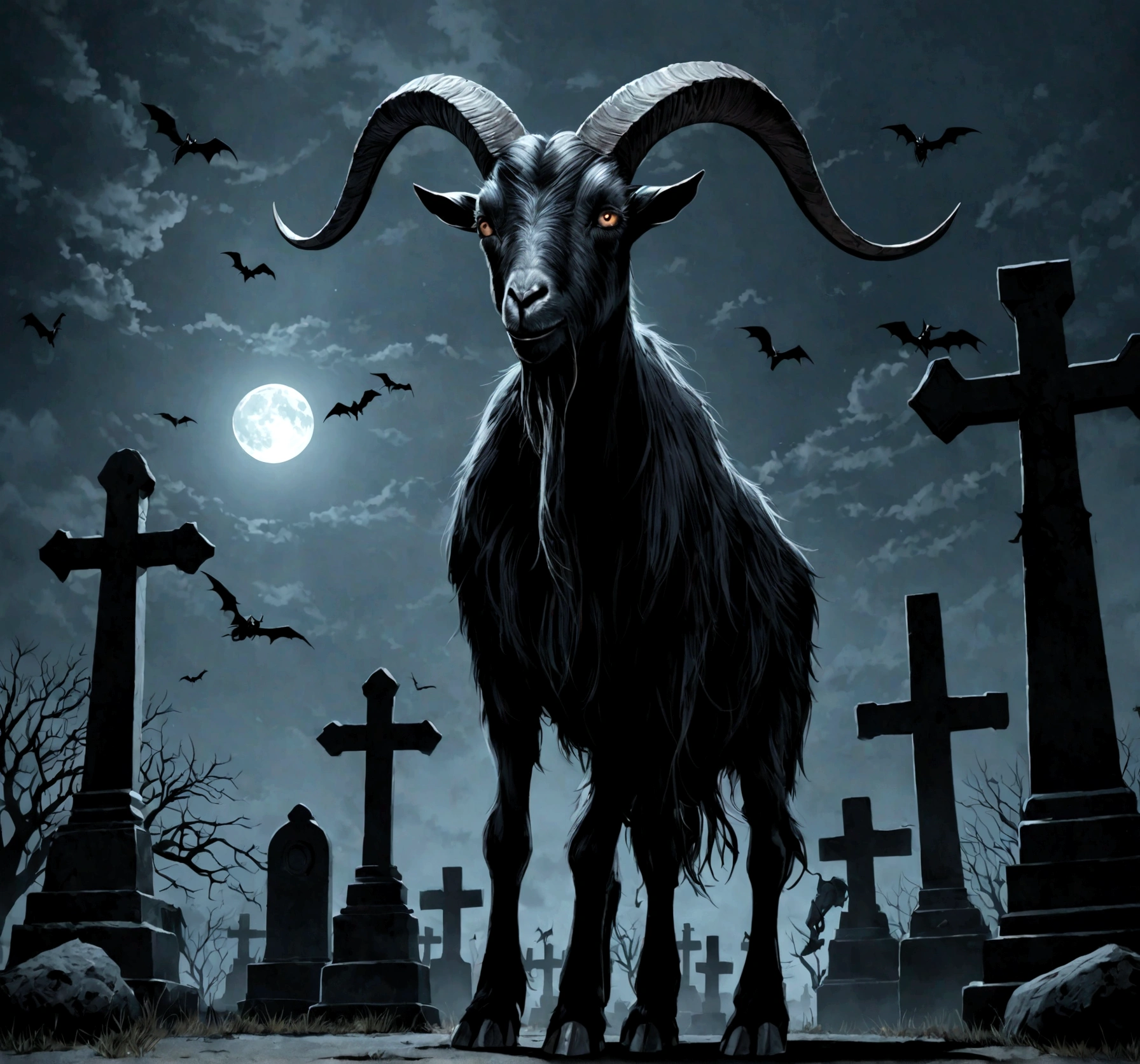 A photorealistic image of a sinister and demonic black goat waling like a human on its hind legs in a moonlit graveyard at night.