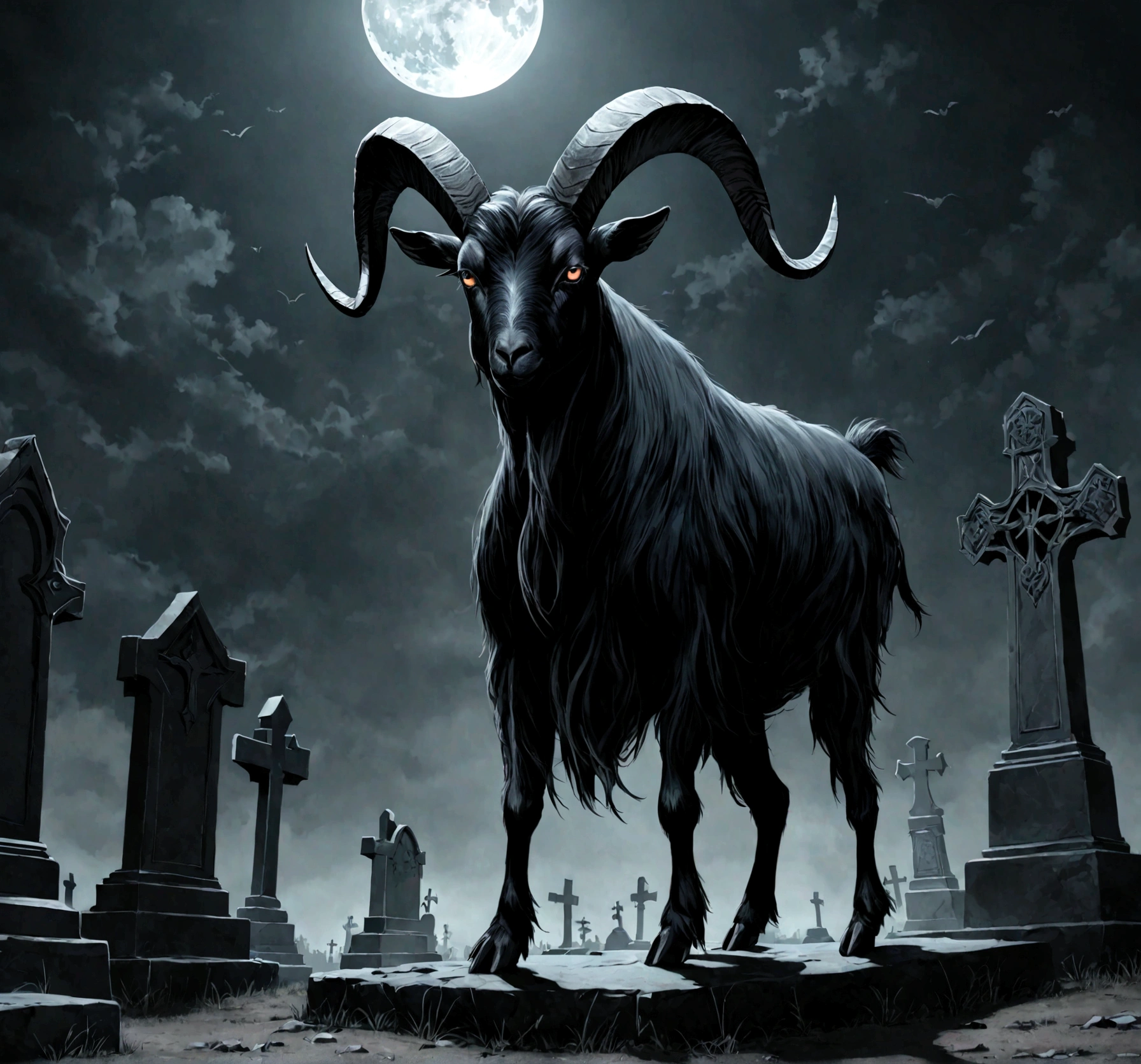 A photorealistic image of a sinister and demonic black goat waling like a human on its hind legs in a moonlit graveyard at night.