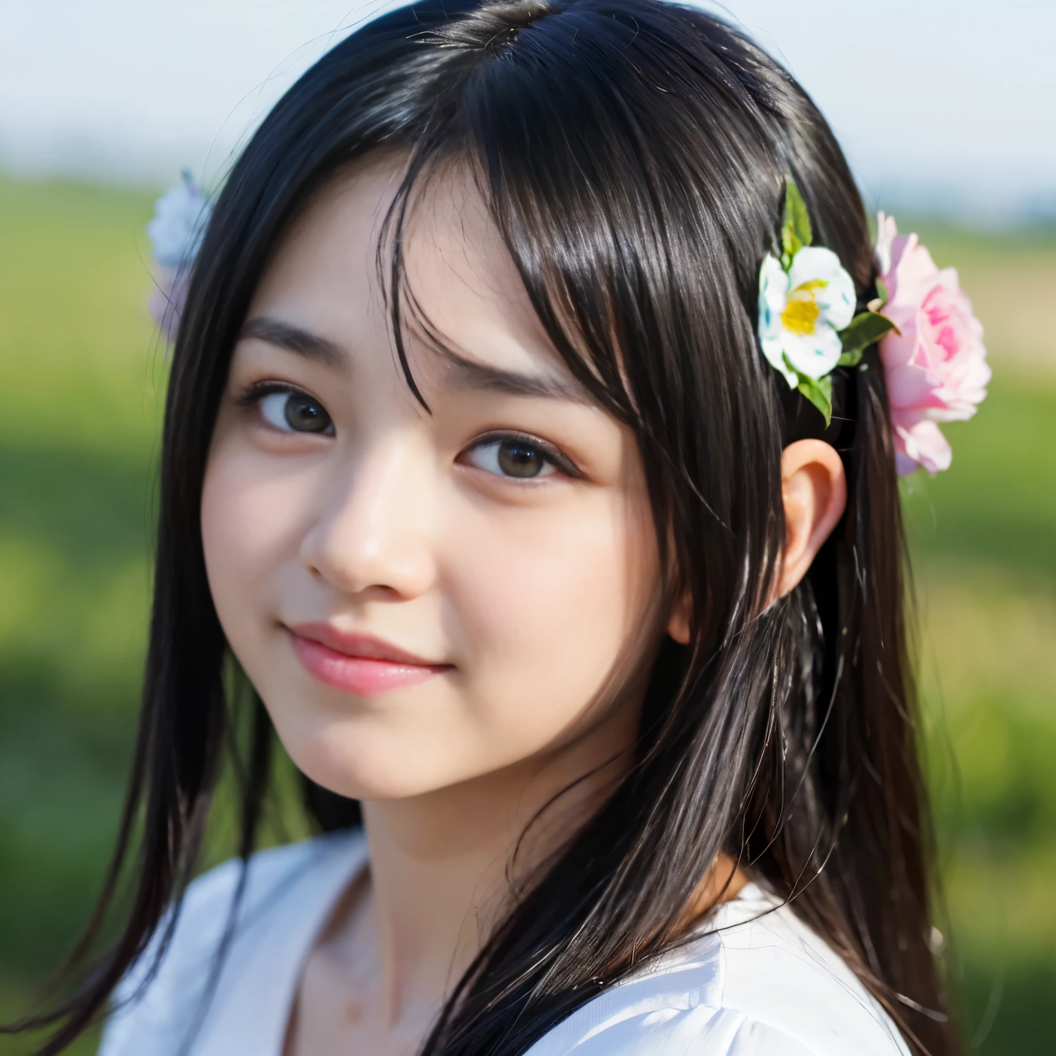 highest quality, High resolution, realistic pictures, detailed skin texture, ((Cute 12 year old Japanese girl wearing a short white camisole)), view audience, slim body shape, Attractive gaze, Fair skin, baby face, (flat chest:1.2), long straight hair, (loli:1.2), smile showing teeth, In the park with cherry blossoms falling