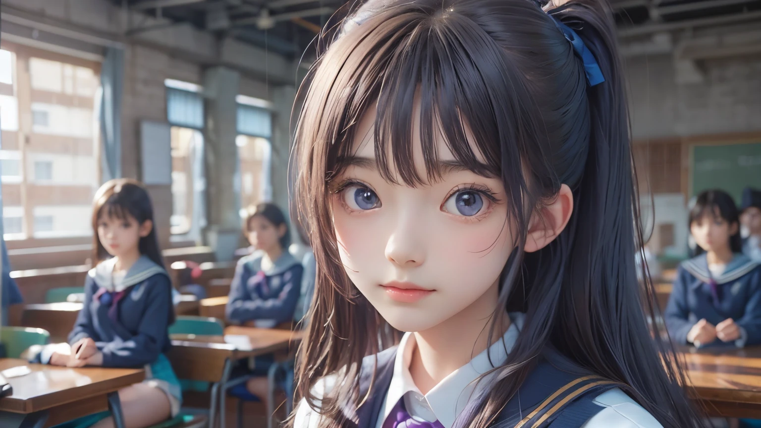 A young woman, 18 years old, with long purple hair, wearing a sailor uniform, sitting in a classroom (School 1.5 in the background) (Serious expression, Cold 1.5) (highest quality: 1.1) (masterpiece: 1.3) with an unparalleled masterpiece, Surreal 8K, Perfect artwork, Super detailed, highest quality, masterpiece 4K wallpaper aesthetics, masterpiece, Award-winning works, Official Art, Cinema Lighting