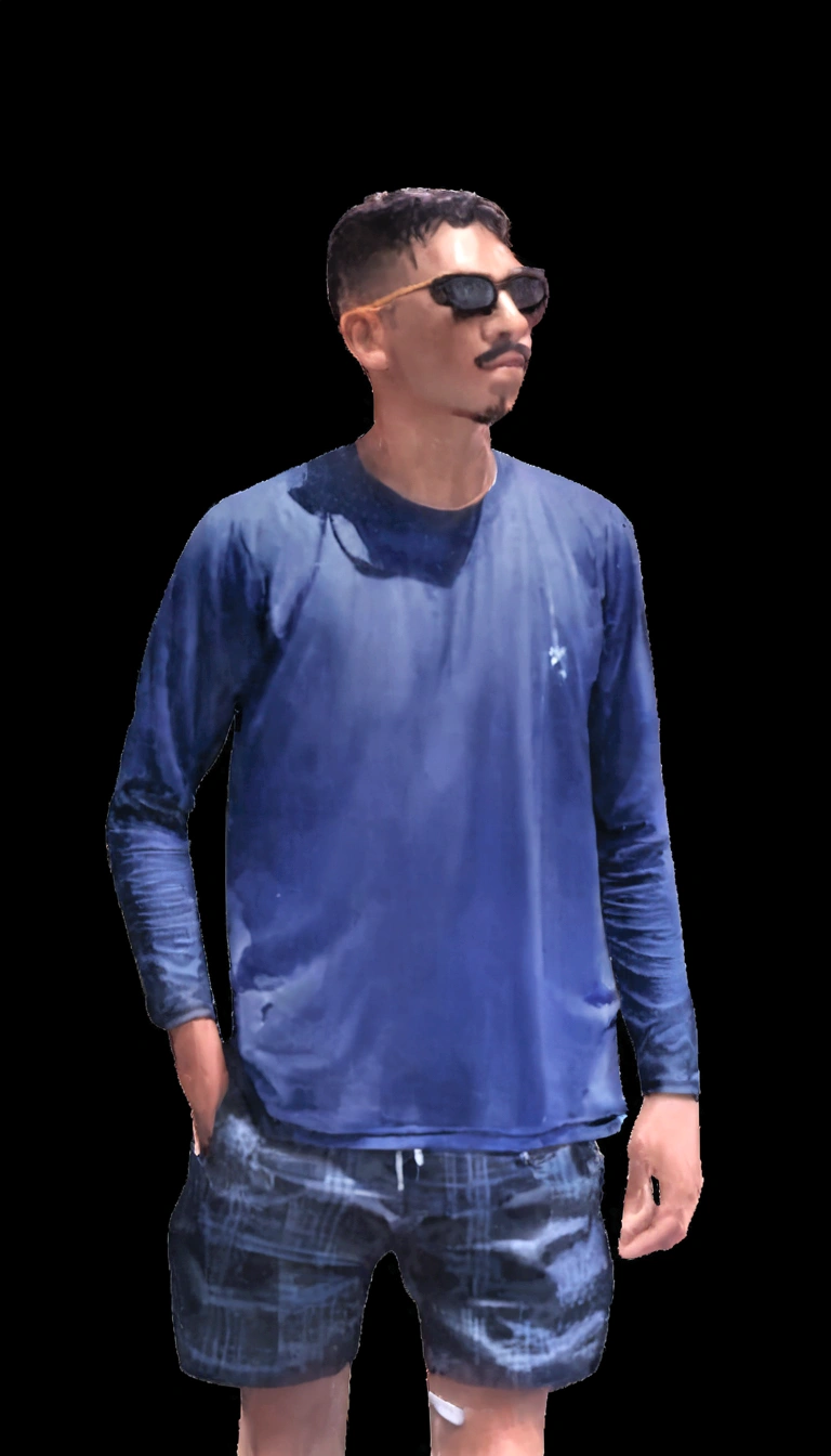 arafed man in a camisa azul and plaid shorts standing with his hands in his pockets, Manga compridas, Manga comprida, azul-marinho, camiseta azul apertada, roupas azuis escuras reais, camisa azul marinho, dark camisa azul, roupas esportivas, roupas esportivas, dark blue shamanic clothes, camisa azul, azul-marinho, ligeiramente realista, wearing a dark blue polo shirt