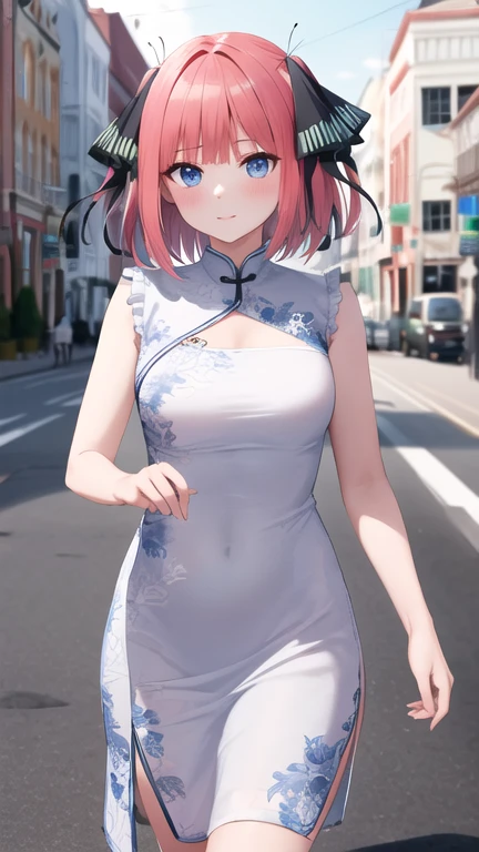 masterpiece, best quality, highres, nn1, 1girl, hair ribbon, short hair, china dress, cowboy shot, street, walking,