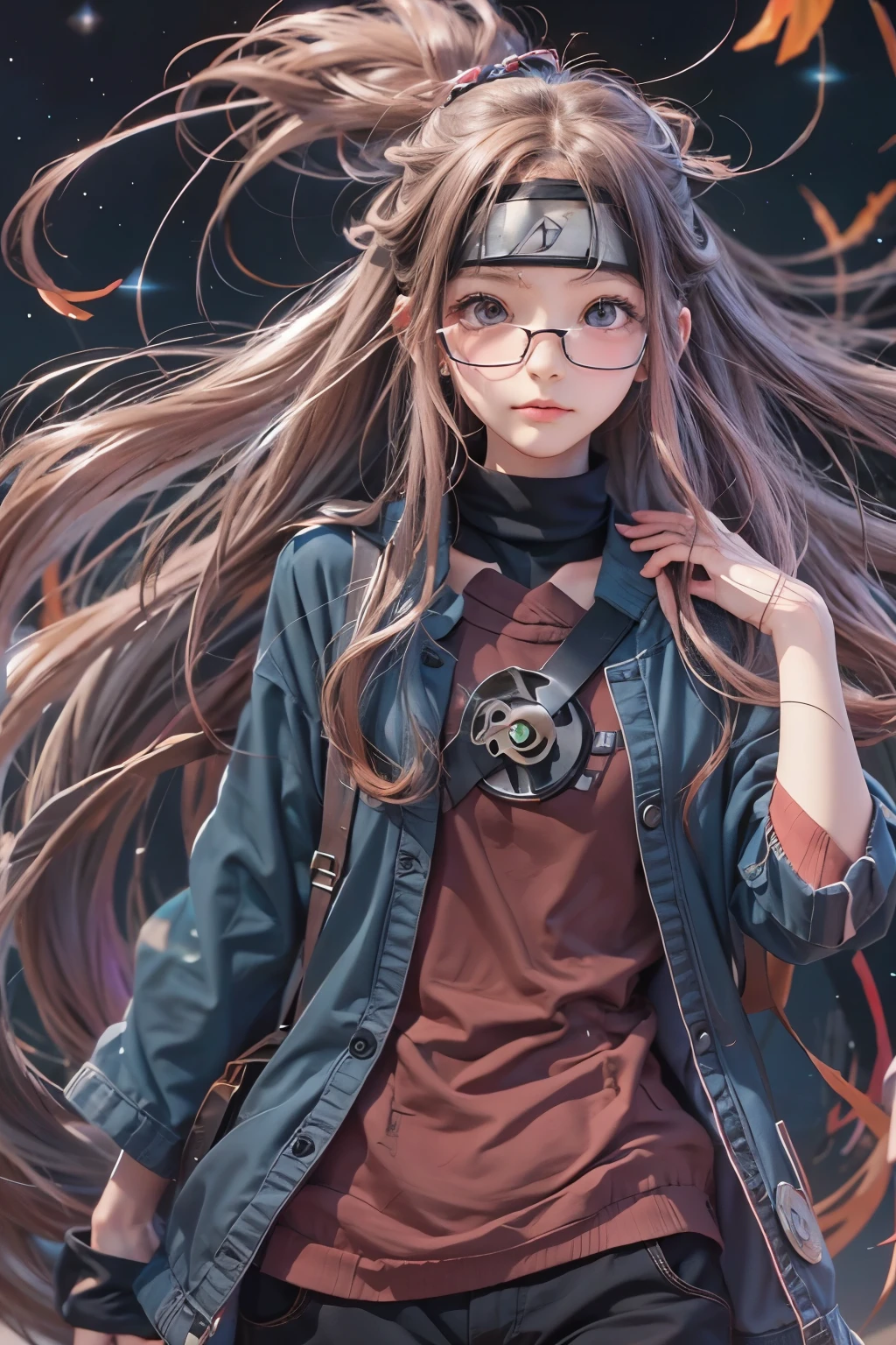anime girl with glasses and long hair, anime visual of a cute girl, anime style. 8k, pin on anime, anime vibes, anime style 4 k, anime moe artstyle, anime aesthetic, anime girl desktop background, anime visuals, anime girl with real hair, ethereal anime, anime girl with long hair, beautiful anime portrait , anime , Naruto, Naruto anime, Sharingan background, at night, dark , Sharingan , wearing Naruto headband  