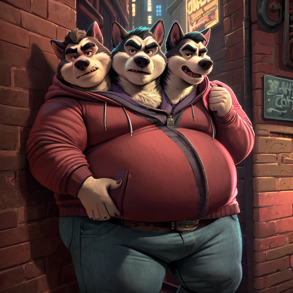 solo, siberian husky, three identical heads on one body, black and white fur, siberian husky ears, masculine, necks, (eyes), adult, male, 50 years old, (stylized 3d, by disney, by rembrandt), by pixar:1.1, by dramamine, ugly, (obese), dark alley background, (fully clothed, hoodie, jeans, belt), correct hands, correct anatomy, (ultradetailed, best quality, detailed masterpiece, highly detailed masterpiece, 4k, professional cartoon:1.7), (natural pose), (detailed expressions, intimidating, annoyed, smiling)