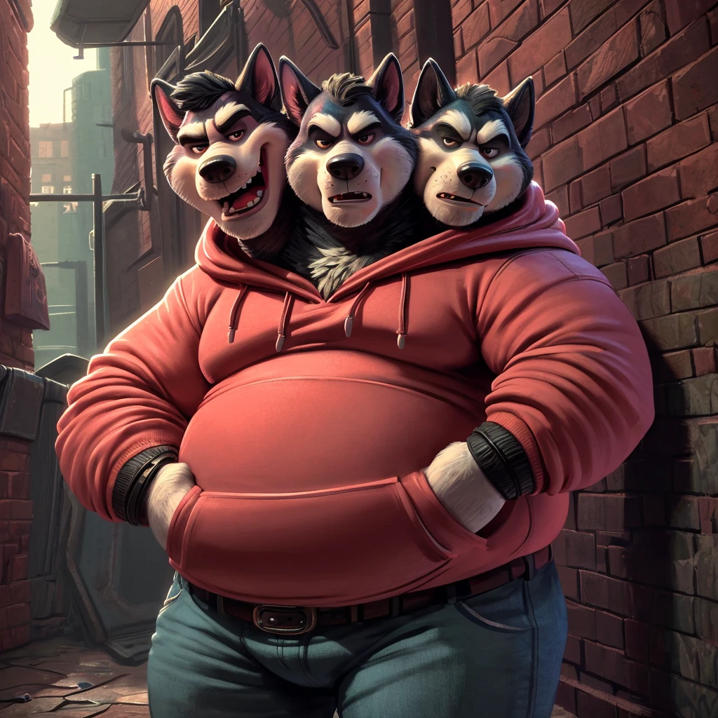 solo, siberian husky, three identical heads on one body, black and white fur, siberian husky ears, masculine, necks, (eyes), adult, male, 50 years old, (stylized 3d, by disney, by rembrandt), by pixar:1.1, by dramamine, ugly, (obese), dark alley background, (fully clothed, hoodie, jeans, belt), correct hands, correct ???????, (ultradetailed, best quality, detailed masterpiece, highly detailed masterpiece, 4k, professional cartoon:1.7), (natural pose), (detailed expressions, intimidating, annoyed, smiling)