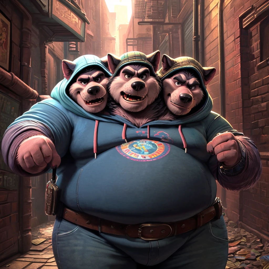 solo, siberian husky, three identical heads on one body, black and white fur, siberian husky ears, masculine, necks, (eyes), adult, male, 50 years old, (stylized 3d, by disney, by rembrandt), by pixar:1.1, by dramamine, ugly, (obese), dark alley background, (fully clothed, hoodie, jeans, belt), correct hands, correct anatomy, (ultradetailed, best quality, detailed masterpiece, highly detailed masterpiece, 4k, professional cartoon:1.7), (natural pose), (detailed expressions, intimidating, annoyed, smiling)