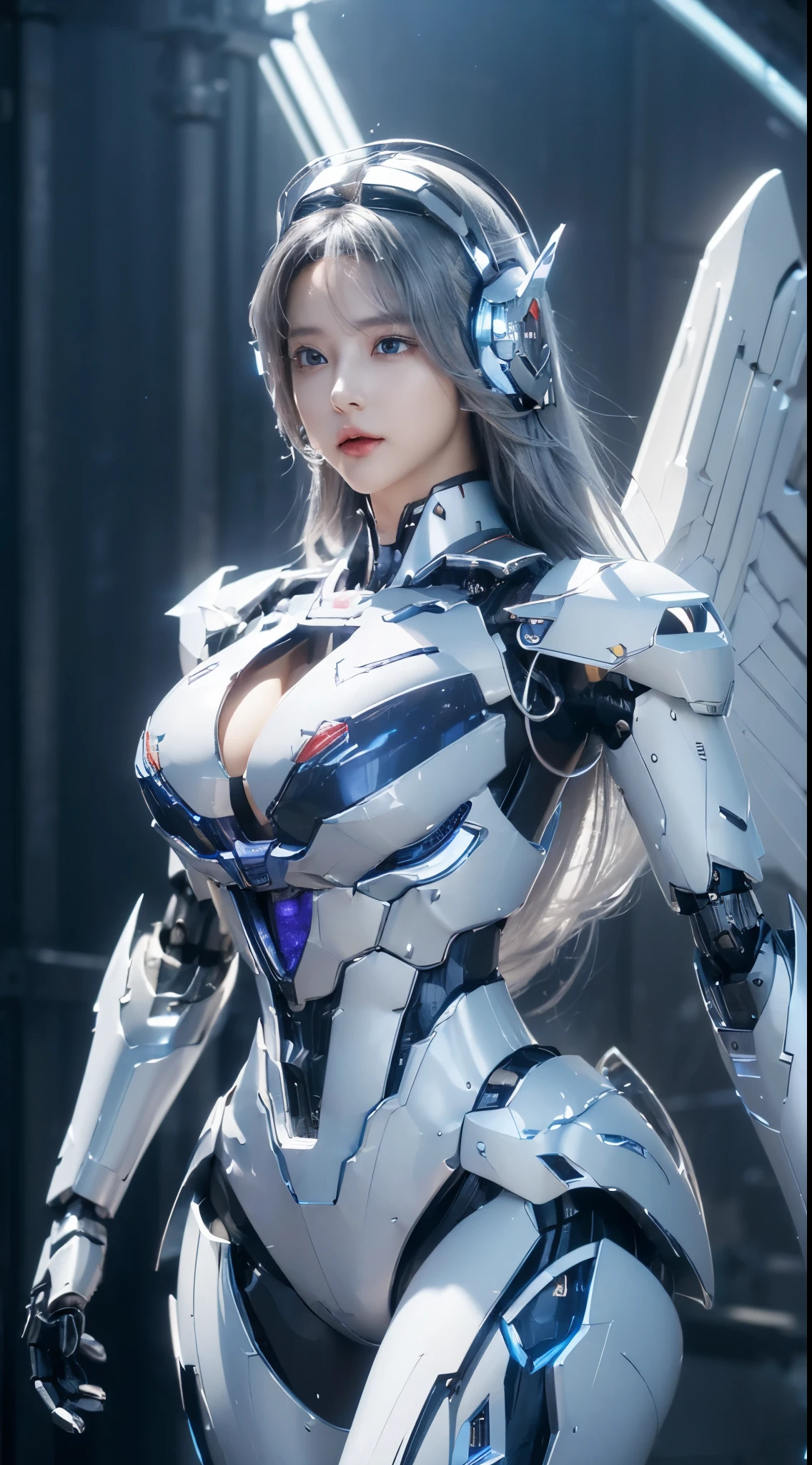 ((Intense action pose:1.6))、((Shining lenses on both breasts:1.3))、((Blue pillars of light are emanating from both chests.:1.3))、smile、((8k)), ((32k)), ((highest quality)), ((masterpiece)), ((超A high resolution)), ((Tmasterpiece)), ((halo:1.4))、((Mechaニカルheadgear:1.2))、((Cyber headphones:1.3))、Fine skin, High quality fabric, Fine metal texture、((Beautiful and dense face))、RAW Photos、Professional, Ultra-fine painting, ((alone)), Beautiful breasts、highest quality, Very detailed, Very detailed詳細, Finer details, so beautiful, ((Princess Knight Robot:1.2)),  (Joints of machines, Mechanical Limbs:1.3), (The internal structure of the machine is exposed:1.3), (Long silver hair:1.1), (Beautiful and huge mechanical breasts)、White Veil, cowboy_shot, Side Focus, headgear, Shiny、(Five Fingers, Four fingers and thumb),Concept Art, Anime fantasy artwork, Detailed fantasy art, (with pale blue-violet hair and large white wings,,,,,,,), (((Long silver hair))), (Mecha:1.6)、Sleek and intimidating design, ((Commander-in-Chief&#39;arm)), (Perfect robot body)、純白と青紫armまたは, Symmetrical wings, 8K high quality, detailed art, 3D rendering of character art in 8K, neat legs, Defined, Defined fingers,