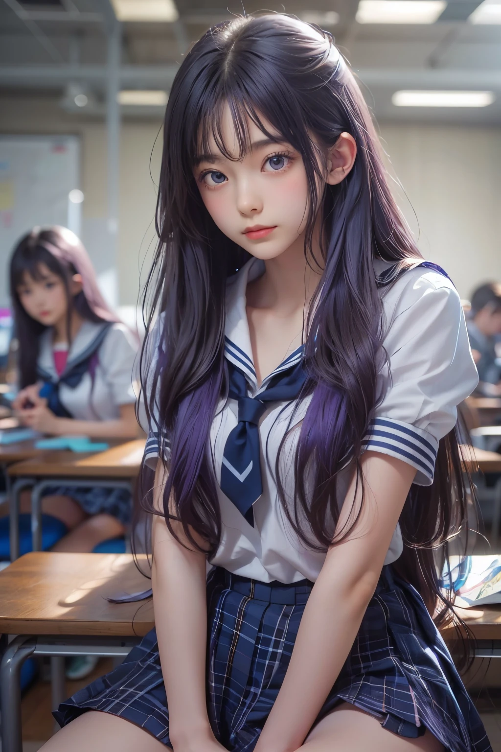 A young woman, 18 years old, with long purple hair, wearing a sailor uniform, sitting in a classroom (School 1.5 in the background) (Serious expression, Cold 1.5) (highest quality: 1.1) (masterpiece: 1.3) with an unparalleled masterpiece, Surreal 8K, Perfect artwork, Super detailed, highest quality, masterpiece 4K wallpaper aesthetics, masterpiece, Award-winning works, Official Art, Cinema Lighting