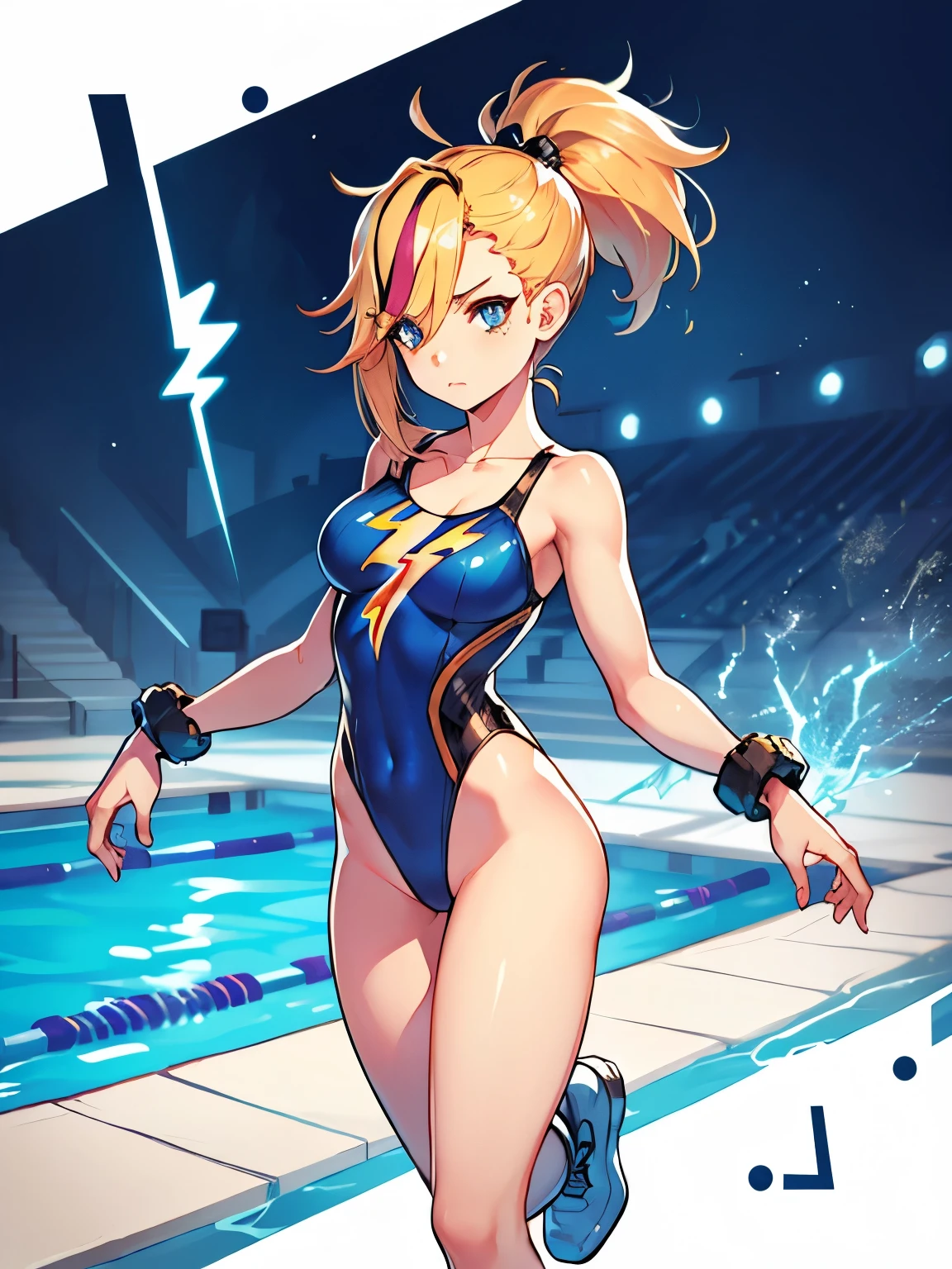 1girl, tall body, light blonde hair, aquamarine eyes, boots, breasts, bracelets, full body, hair ornament, ((shoulder-length hair, ponytail, bangs)), full body with costume, ((leotard, perfect leotard, gymnast_outfit leotard, white leotard with blue accents, bare legs)), hi-tech shoulder pads, (white boots), medium breasts, perfect hands, complete fingers, perfect anatomy, perfect proportions, solo, solo focus, superhero, ((blue lightning logo on chest)), beautiful detailed eyes, beautiful detailed face, age 18, full body portrait, pool, calm
