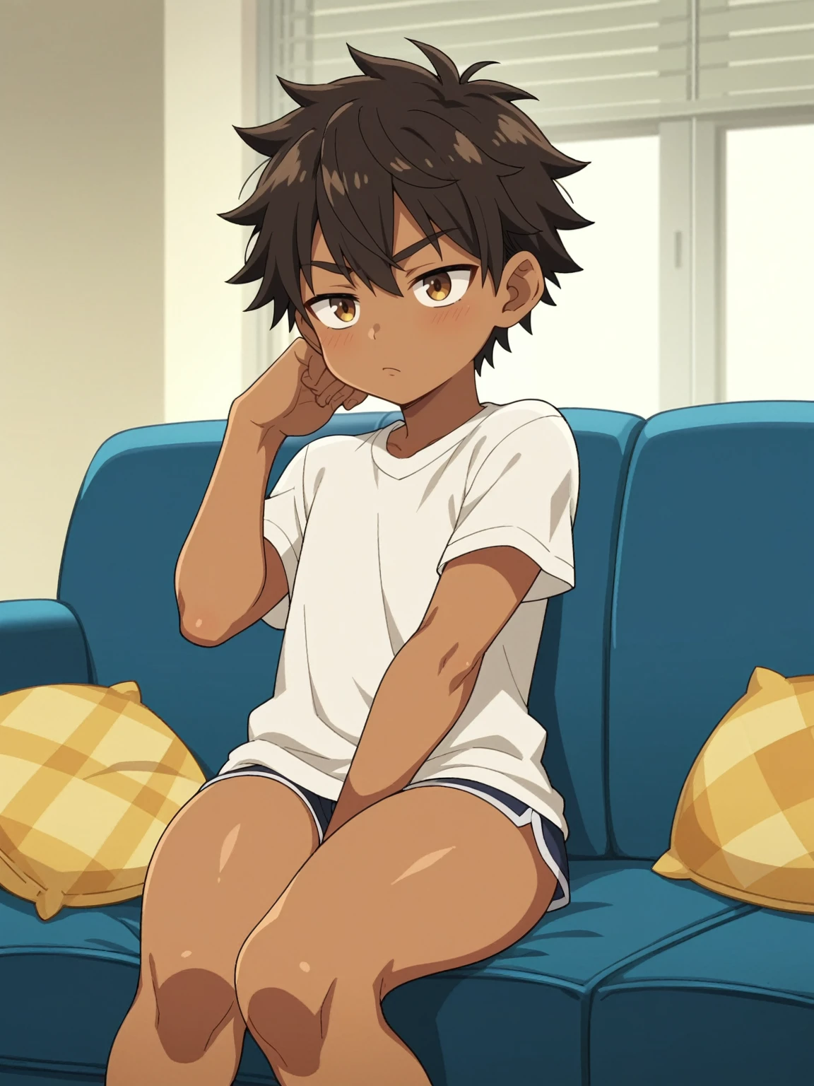 Score_9, score_8_up, score_7_up, source_anime, fine anime screencap_xl, anime_screencap, BREAK, 1boy, shota, sitting, couch, bored, Apathetic, no shirt, no top, messy hair, brown skin, dark skin, thighs