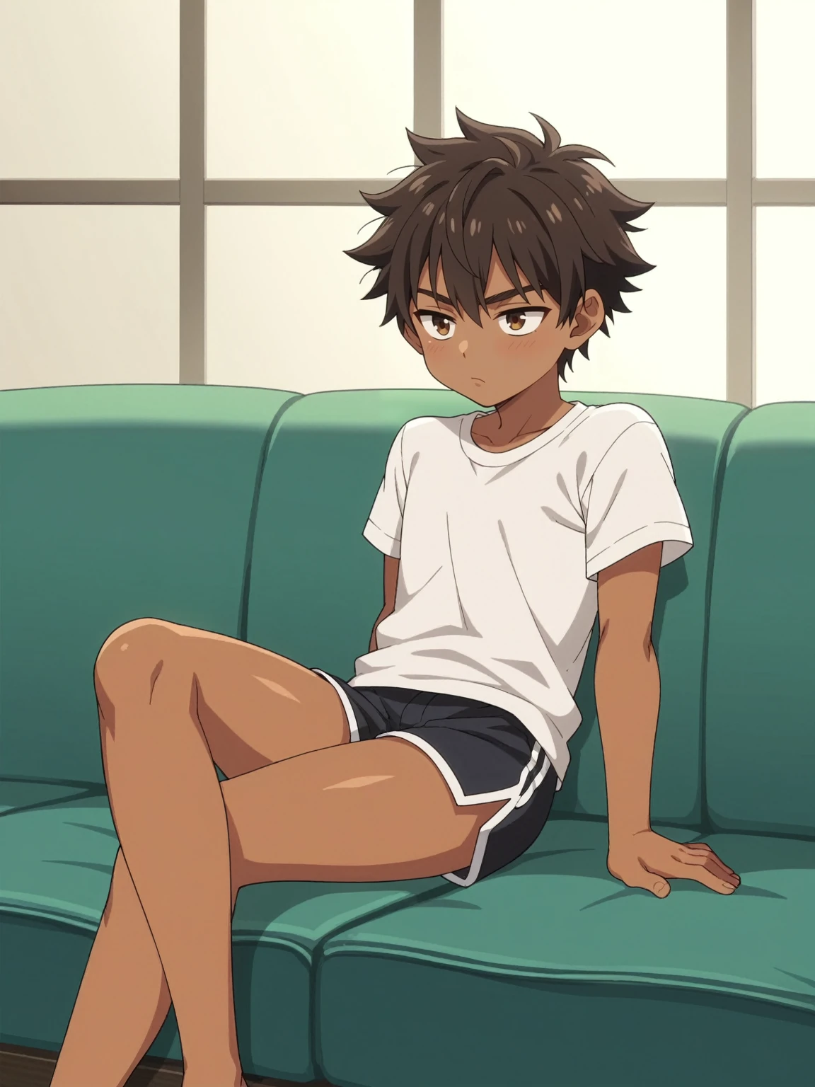 Score_9,  score_8_up,  score_7_up, source_anime, fine anime screencap_xl, anime_screencap, BREAK, 1boy, shota, sitting, couch, bored, Apathetic, no shirt, no top, messy hair, brown skin, dark skin, thighs