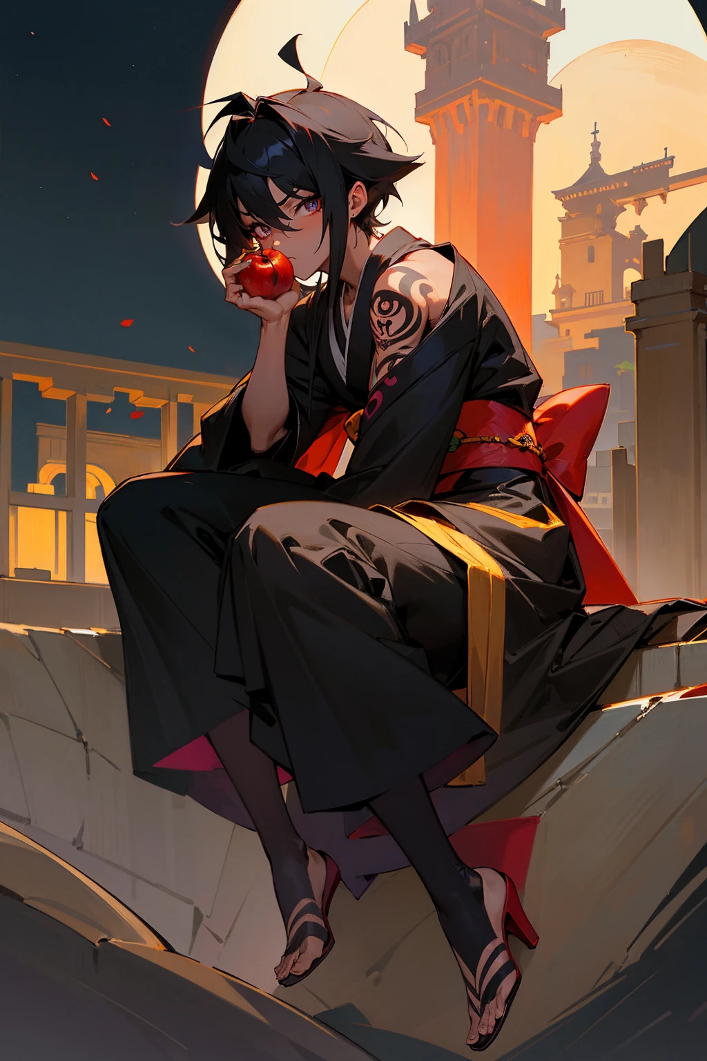 Masterpiece Quality, Perfect Generation, Black Sclera, Black Hollow Eyes, Dark Skin, Black Meliodas Hair, Muscular, Kimono, Bored Expression, Tattoos, Old Castle Background, Full Body, Tanned Skin, Facing Viewer, Sitting, Dark, Night City, Eating Apple