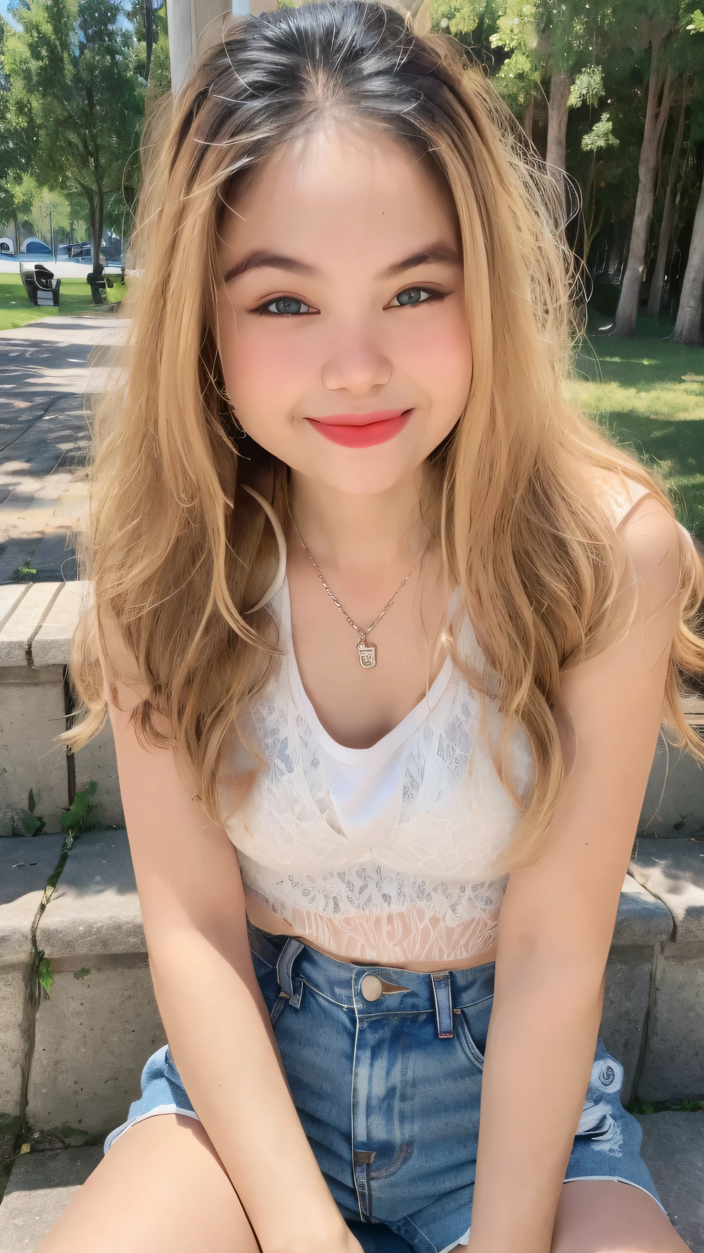 1girl, cute, smaller chest, blonde hair, long hair, wavy hair, bangs, open white jacket, sheer tank top, shorts jeans, sitting, smile, outdoor, full-body portrait, (best quality,4k,8k,highres,masterpiece:1.2),ultra-detailed,(realistic,photorealistic,photo-realistic:1.37)