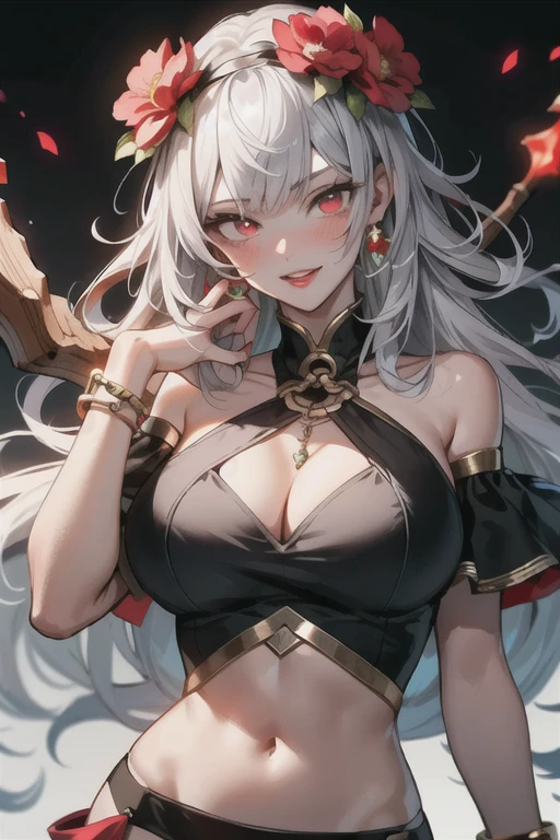 (masterpiece:1.4)、(highest quality:1.4)、
One Girl, Bracelet, Bare shoulders, Silver Hair, Blushing, bracelet, tits, Circlet, Red eyes, Wreath on head, Huge breasts, jewelry, Large Breasts, Hair length, Looking at the audience, Abdominal navel, O-ring, O-ringトップ, Simple Background, Laughter, solo, Very long hair, ,Real Stick,(Glowing Skin),(masterpiece:1.4),(highest quality:1.4),Red lips,Mature Woman