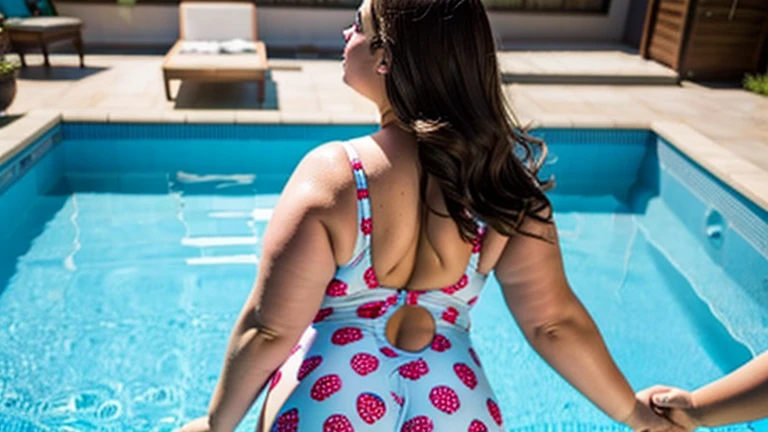 fat ssbbw curvy bottom heavy pear shaped wide hiped british women, 30 brunette, they are floating in the pool, they strike sexy poses, they reach for their boyfriend's hands, they are wearing floral one piece, swimsuits , view from behind