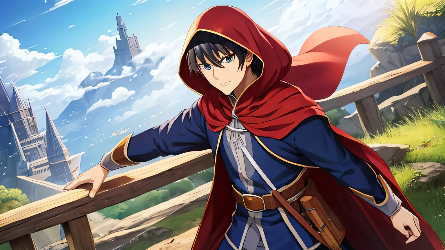 manga ilustration, men cape and sweatshirt, mago, isekai anime 