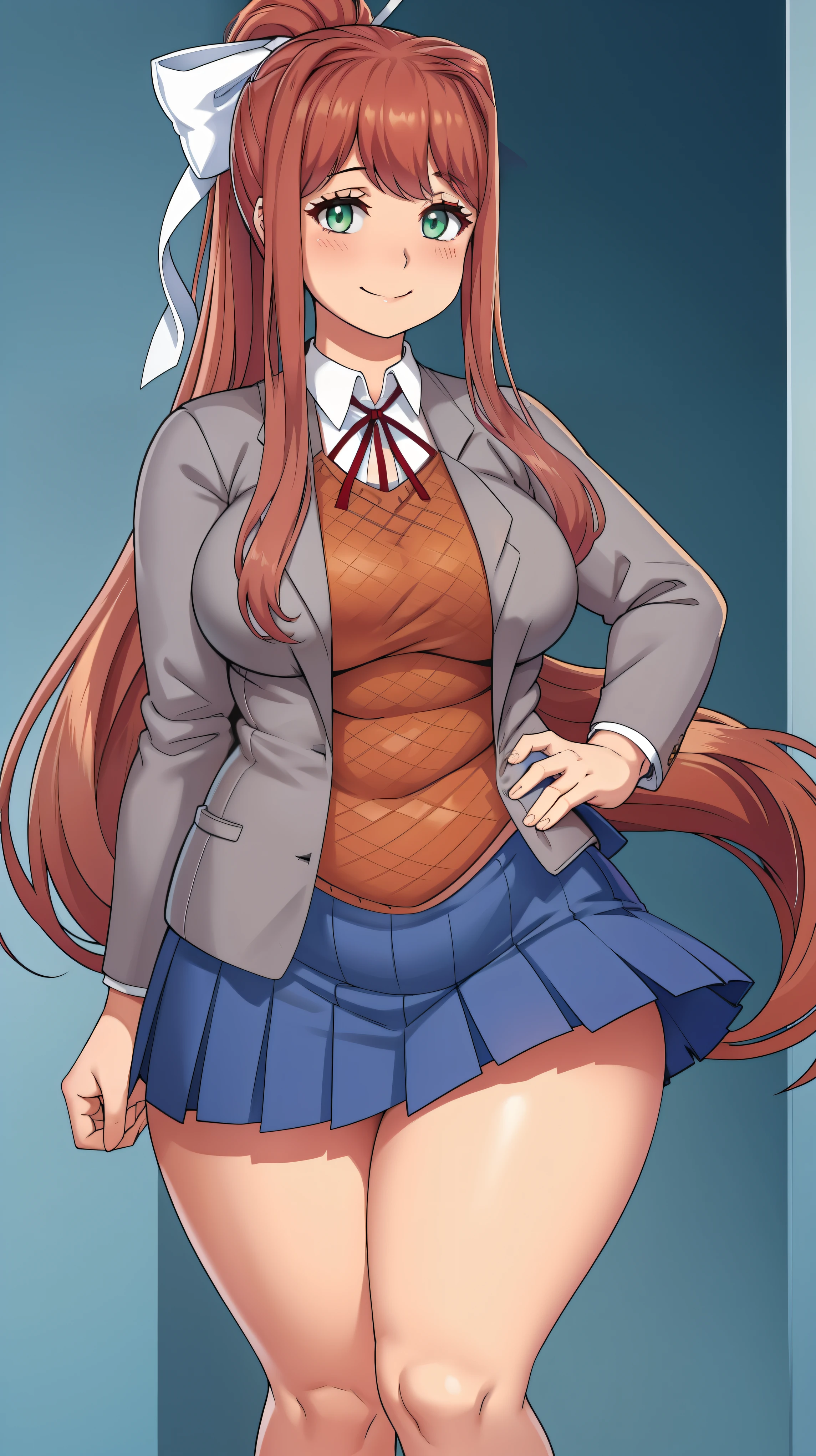 Monika, bangs, very long hair, smile, long hair, neck ribbon, looking at viewer, ponytail, shirt, , hair bow, white bow, pleated skirt, brown hair, grey jacket, sidelocks, solo, blush, blue skirt, skirt, 1girl, breasts, blazer, green eyes, looking at viewer, 