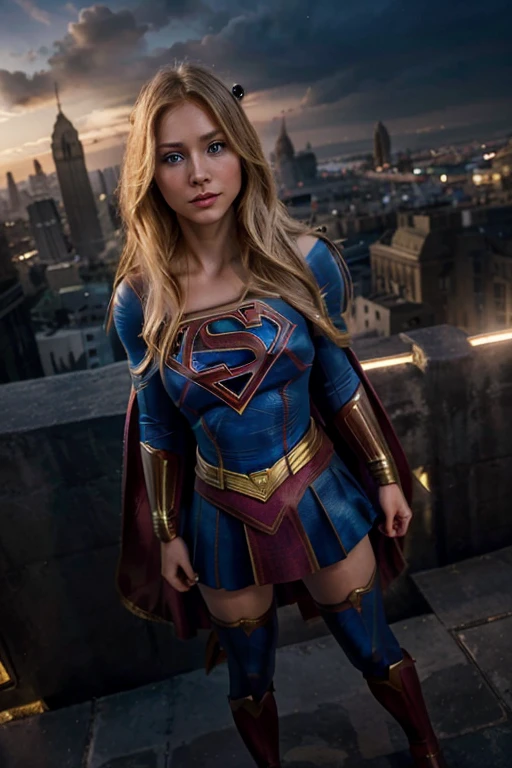 4K, realistic, charismatic, Very detailed, a beautiful woman model fair skin, blonde blue eyes, long hair, ((full body supergirl costume)),, posing for a photo, Stunning scenery, surreal lighting, extremely extravagant lighting, beautiful scenery in a city