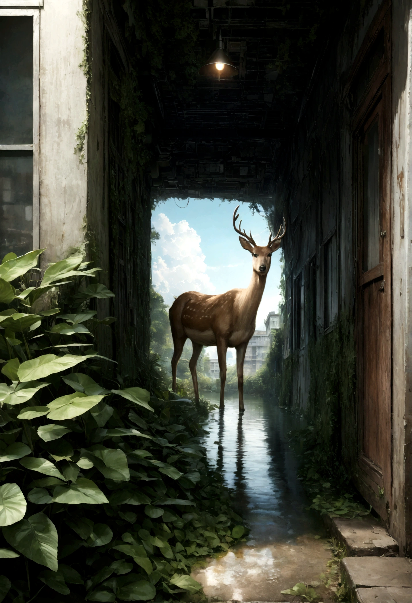 ((only background)), ((photo realistic:1.4,illustration)),(masterpiece, top quality, best quality),(ultra-detailed, absolutely resolution),((16k, high res)).(reflect),
BREAK {A dilapidated Shibuya Scramble Crossing, a dilapidated building completely covered in plants, a dilapidated building, a weekend-like world, multiple animals including deer, a clear blue sky, and white cumulonimbus clouds.}
BREAK { (produces images with information than 40 million pixels with cinematic-like detailed textures shot on a Sony SLR).}
BREAK {(((cinematic look))), soothing tones, insane details, intricate details, hyperdetailed, low contrast, exposure blend, hdr, beautiful blue image, (hi contrast),Sony SLR.}