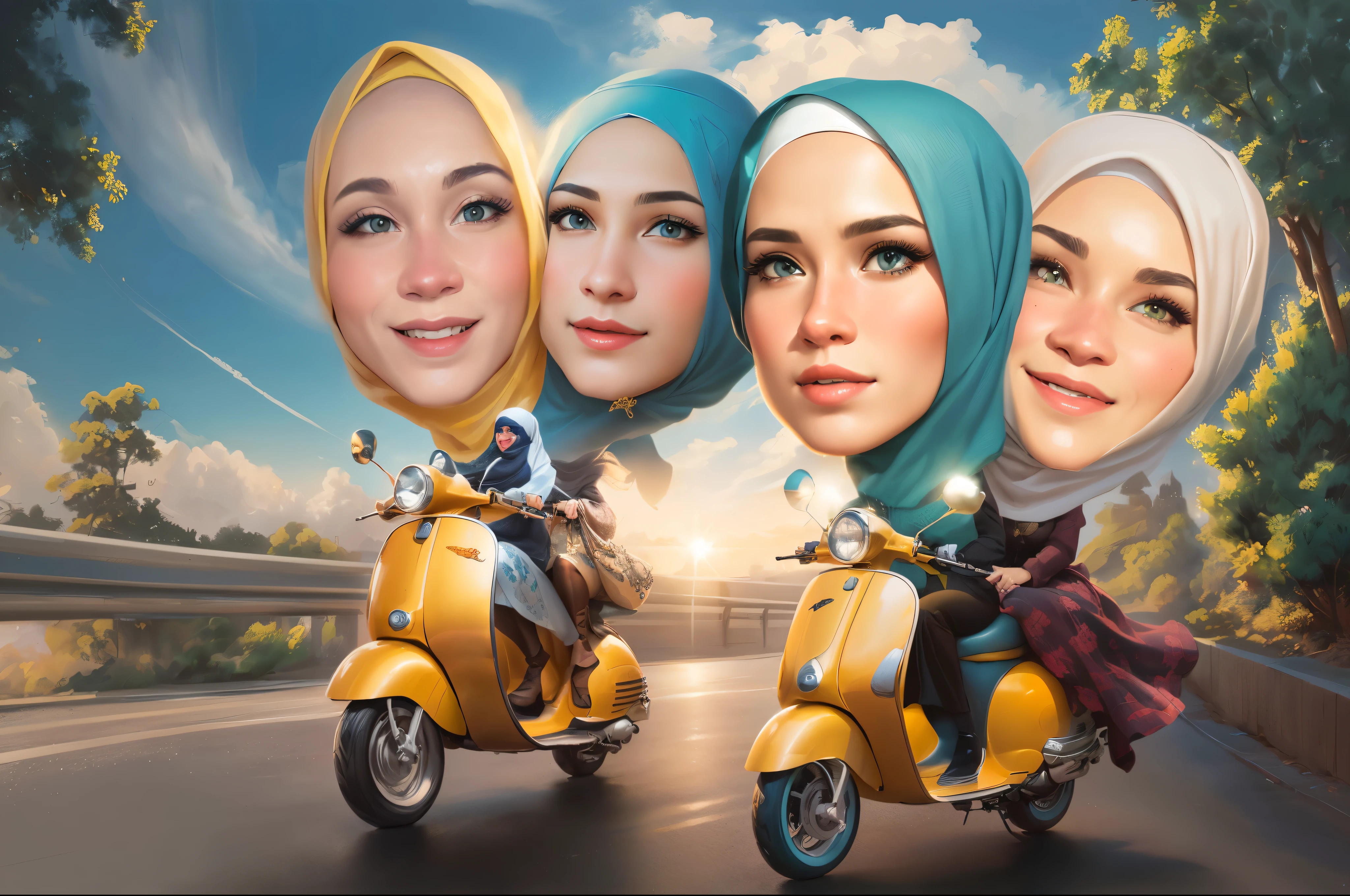 Four women hijab riding a scooter, caricature illustration, caricature style, cartoon artstyle, cartoon art style, realism artstyle, in cartoon style, cartoon digital art, digital art cartoon, cartoon style illustration, in style of digital illustration, cartoon art, cartoon digital painting, caricature, realism art style, cartoon portrait, photorealistic!!!!!!! art style