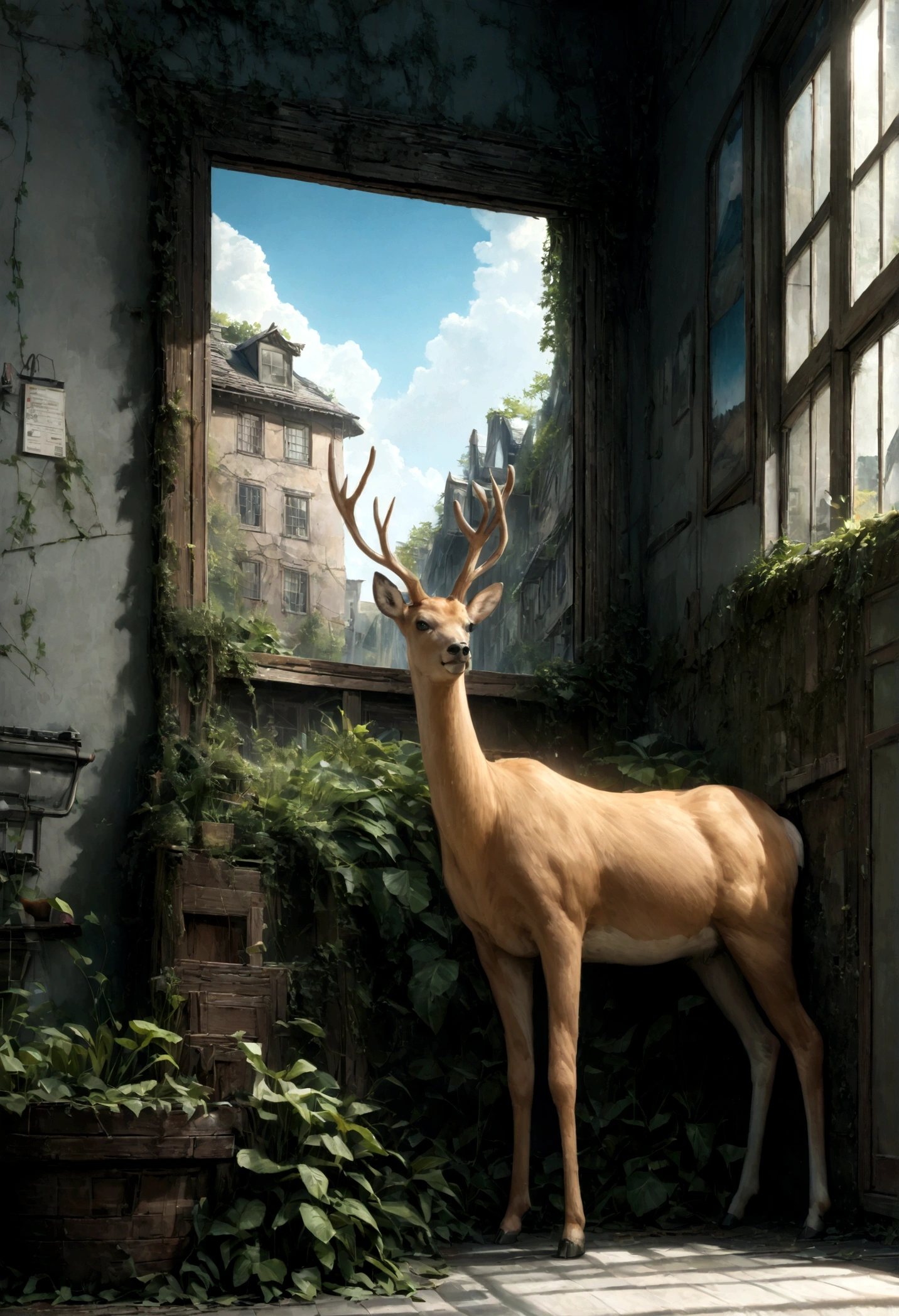((only background)), ((photo realistic:1.4,illustration)),(masterpiece, top quality, best quality),(ultra-detailed, absolutely resolution),((16k, high res)).(reflect),
BREAK {A dilapidated Shibuya Scramble Crossing, a dilapidated building completely covered in plants, a dilapidated building, a weekend-like world, multiple animals including deer, a clear blue sky, and white cumulonimbus clouds.}
BREAK { (produces images with information than 40 million pixels with cinematic-like detailed textures shot on a Sony SLR).}
BREAK {(((cinematic look))), soothing tones, insane details, intricate details, hyperdetailed, low contrast, exposure blend, hdr, beautiful blue image, (hi contrast),Sony SLR.}