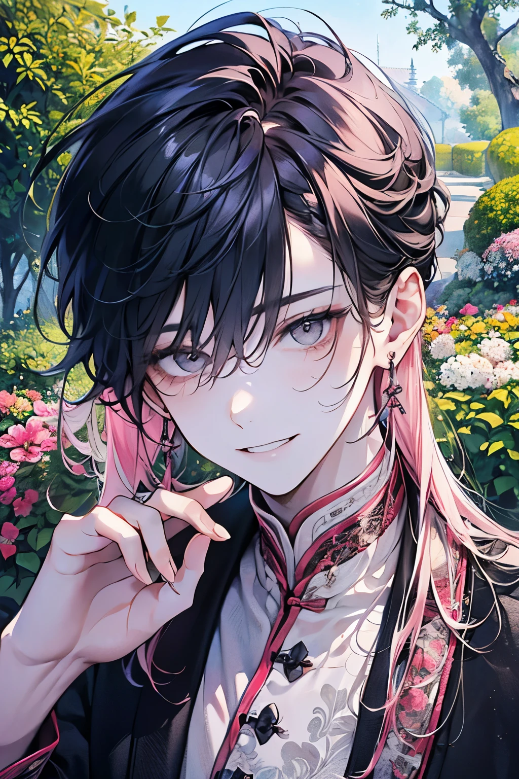 ((17years old man:1.2)), masterpiece, best quality, braid hair, black hair, (portrait), shiny gray eyes, white hanfu dress, palace,outdoors, garden, perfect hands,(pastel pink),looking front,((Large and gorgeous earrings:1.1)),smile,((He is reaching out his hand towards me:1.2))