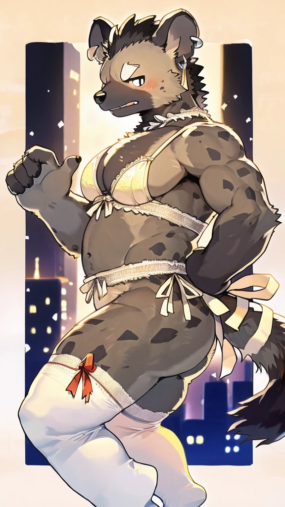 1 person、juvenile、Shota、gray spot hyena man, Grey body、masterpiece、highest quality、Exposed light yellow lace underwear、Bra with ribbon、Knee-high socks、garter belt、Embarrassed face、City of night、Side view、Swollen crotch、Ass、Look Away、Earrings、Hide your mouth with one hand