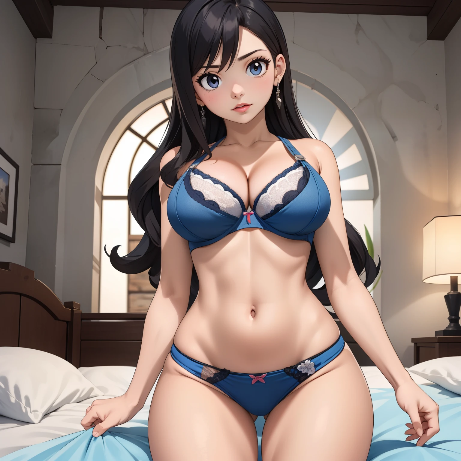 Rebecca Bluegarden, Woman 25 years old, cabello rubio ceniza, ojos azules como zafiros, pechos grandes, detailed light blue bra and panties, gotas de sudor en su pecho, manos perfectas, fondo una cama lujosa, manos perfectas cinco dedos en cada mano.