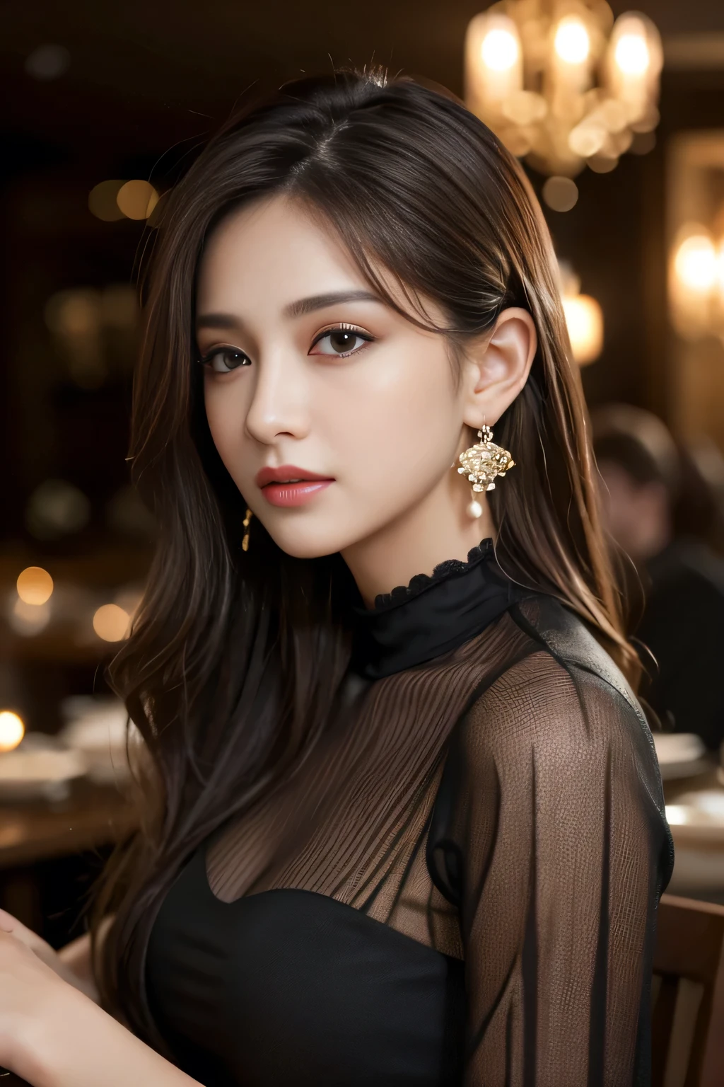 masterpiece, highest quality, Realistic, Very detailed, Finer details, High resolution, 8k wallpaper, One beautiful woman, Wear a black see-through shirt, In a great restaurant, At night, Light brown messy hair, Perfect dynamic composition, Beautiful and beautiful eyes、Big earrings、