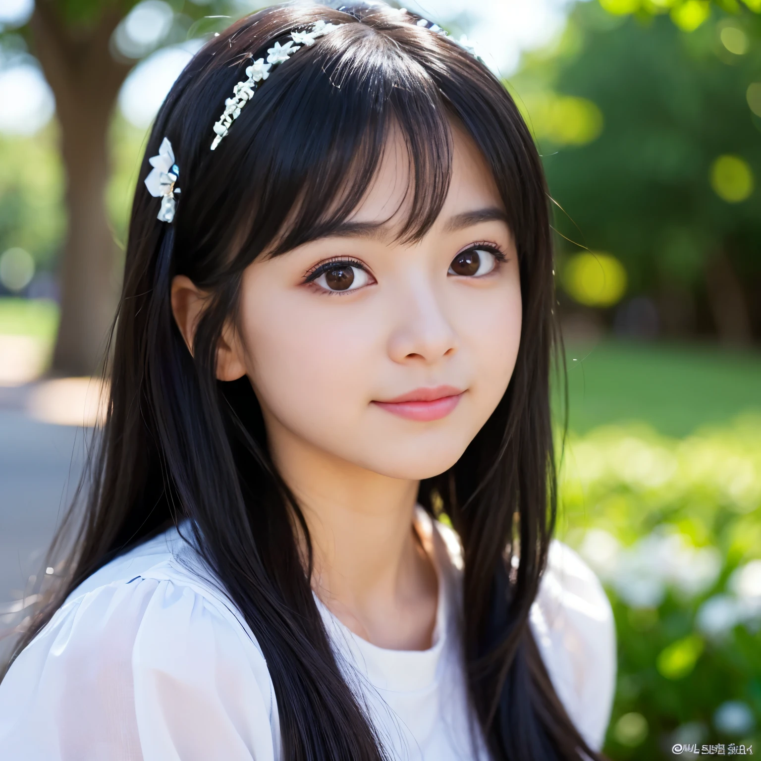(Best-quality, Masterpiece, Ultra-High-Resolution, (Photorealistic:1.4), Raw Photo, depth of field, professional lighting, perfect anatomy, extremely details), 1girl, 15-years-old, the most famous Japanese idol, face focus, close-up of face, ((extremely cute realistic-face like the most popular Japanese idol, ((extremely cute and extremely realistic big-black-eyes)), extremely cute and extremely realistic hair)), (((extremely beautiful and extremely realistic skins))), extremely cute and extremely realistic long-eyelashes, extremely cute and extremely realistic lips, innocent smile