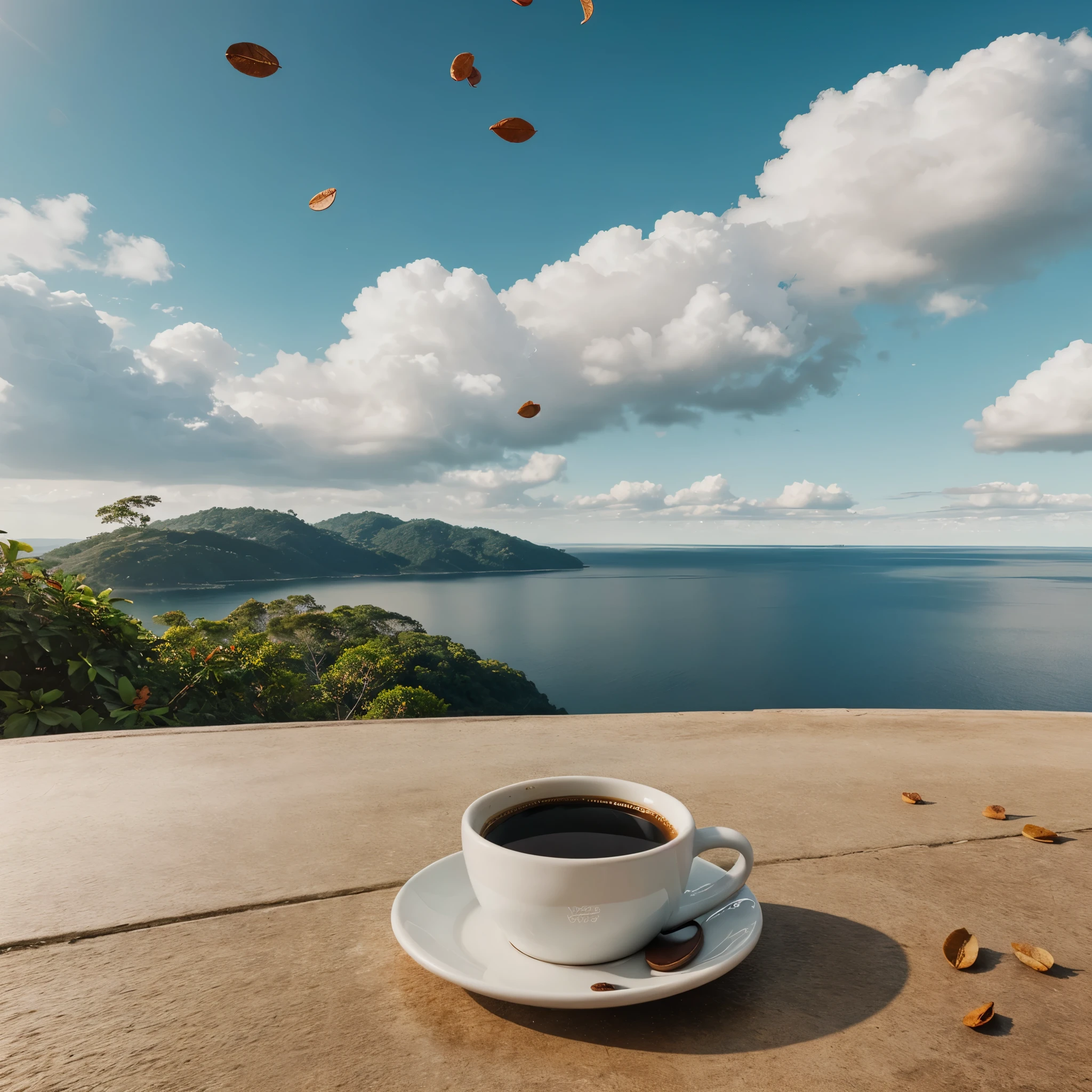 A cup of coffee, theres a word BORNEO PROMTER inside. Masterpiece, highest quality, (highly detailed CG Unity 8k wallpaper) (highest quality), (best illustration), (best shadow) nature', sky, clouds, delicate leaf petals falling in the light of the air Tracking, ultra detailed --v6