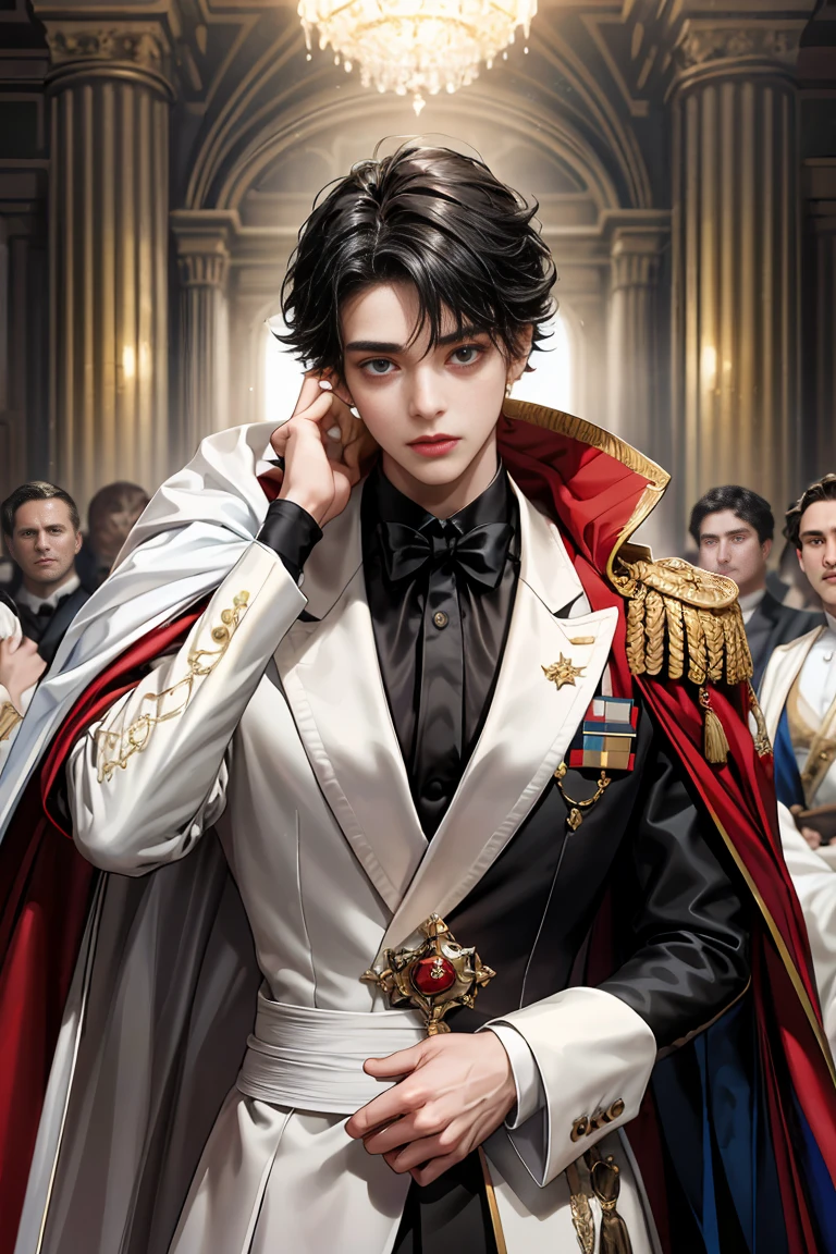 masterpiece, 最high quality, high quality, 1 boy, alone, Male focus, Watching the audience, Messy black hair, Adorable big blue eyes, White, Noble, Noble,Sexy voluminous cape、Tuxedo、A very voluminous, large, very large, very large, long, long red and black cape with a high stand-up collar, reaching down to the floor, made of a lot of fabric., ,Cute beautiful boys,Cute, cute, kind, handsome guy