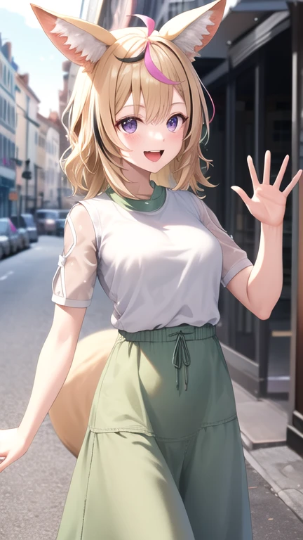 masterpiece, best quality, highres, op1, animal ears, fox tail, streaked hair, white shirt, short sleeves, long skirt, jewelry, green skirt, street, waving, smile, open mouth